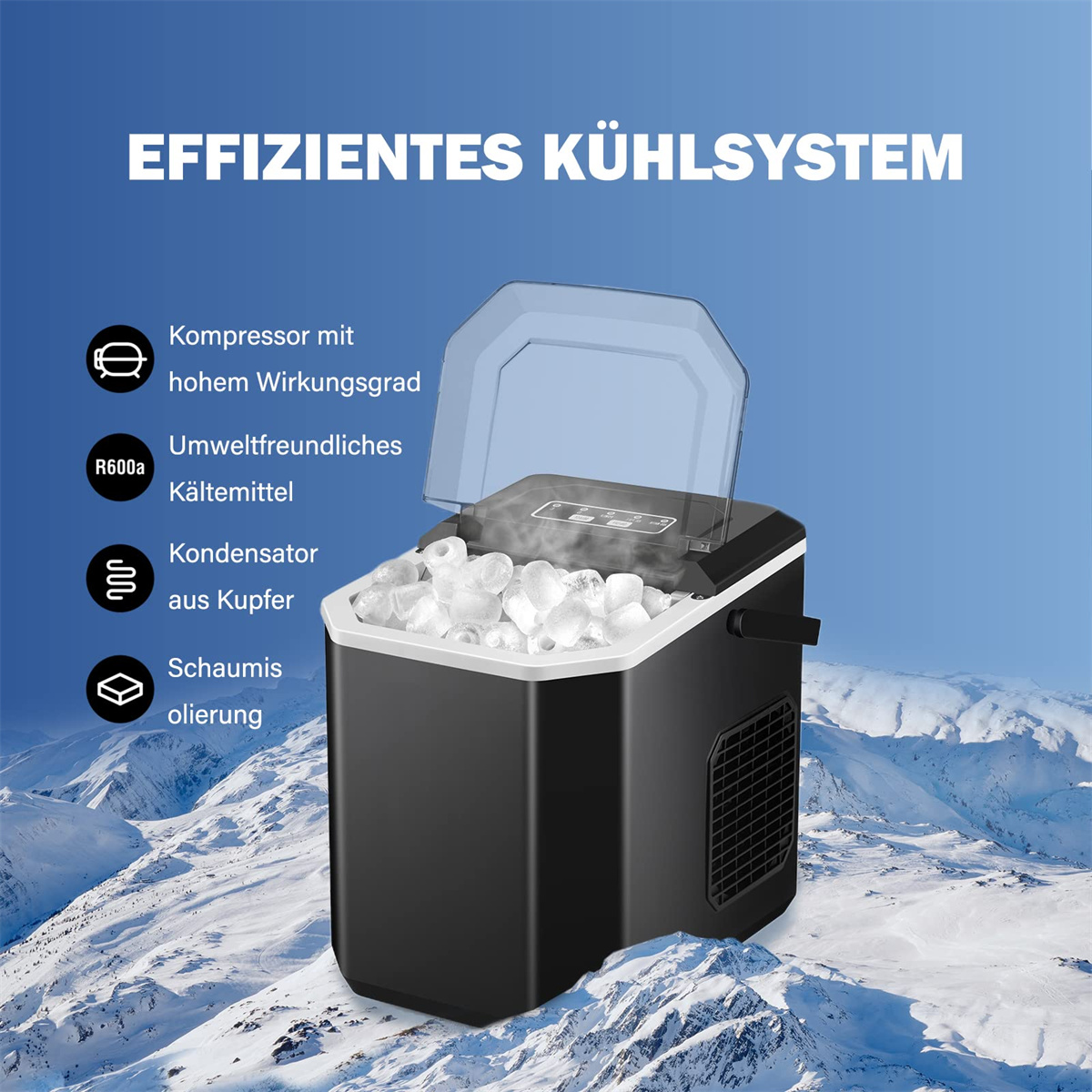 Ein Eisbereiter mit schwarzem Gehäuse und Eiswürfeln im Inneren. Ein Hintergrund von Bergen.