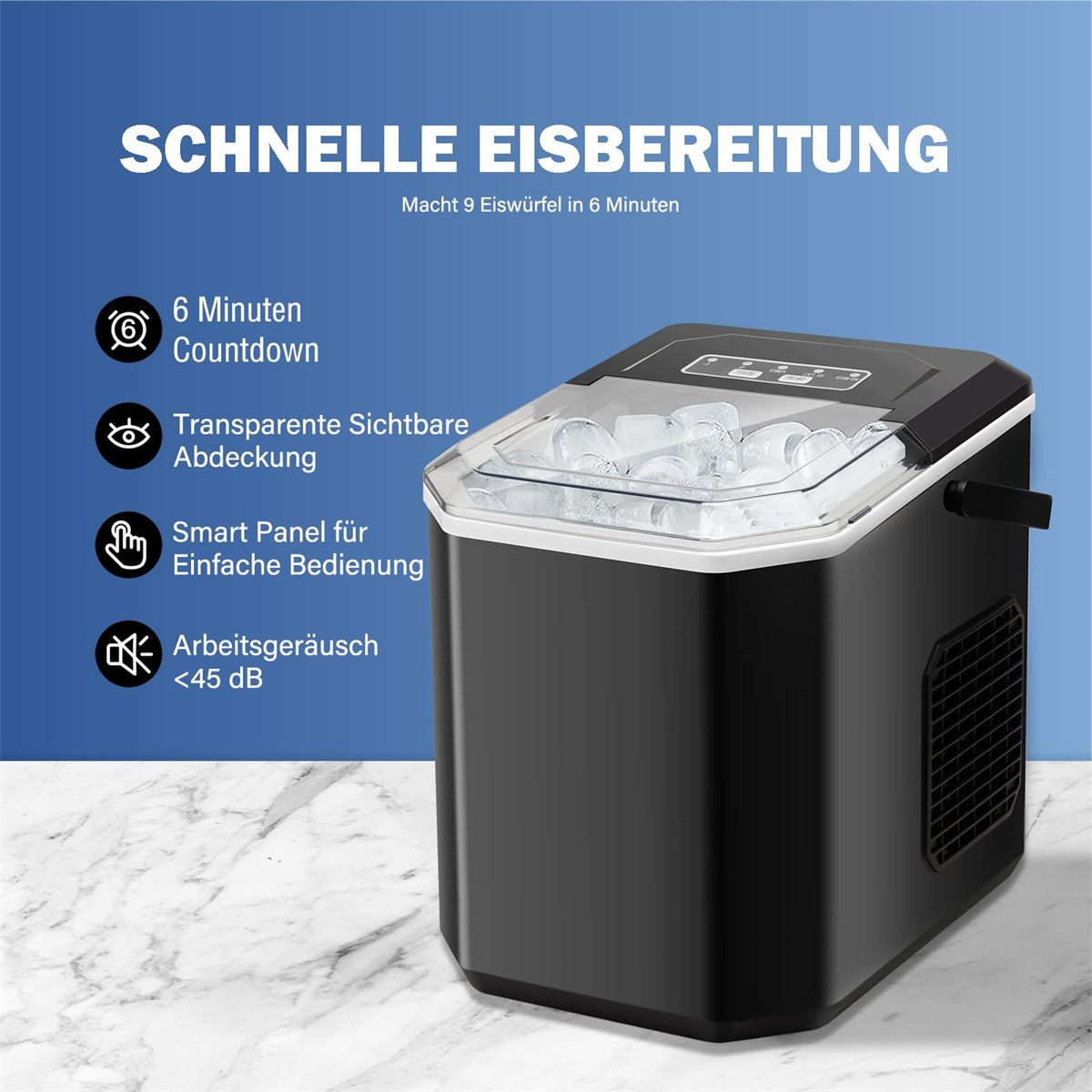 Ein schwarzer Eisbereiter mit deutschem Text. Er hat einen transparenten Deckel und produziert Eis in 6 Minuten.
