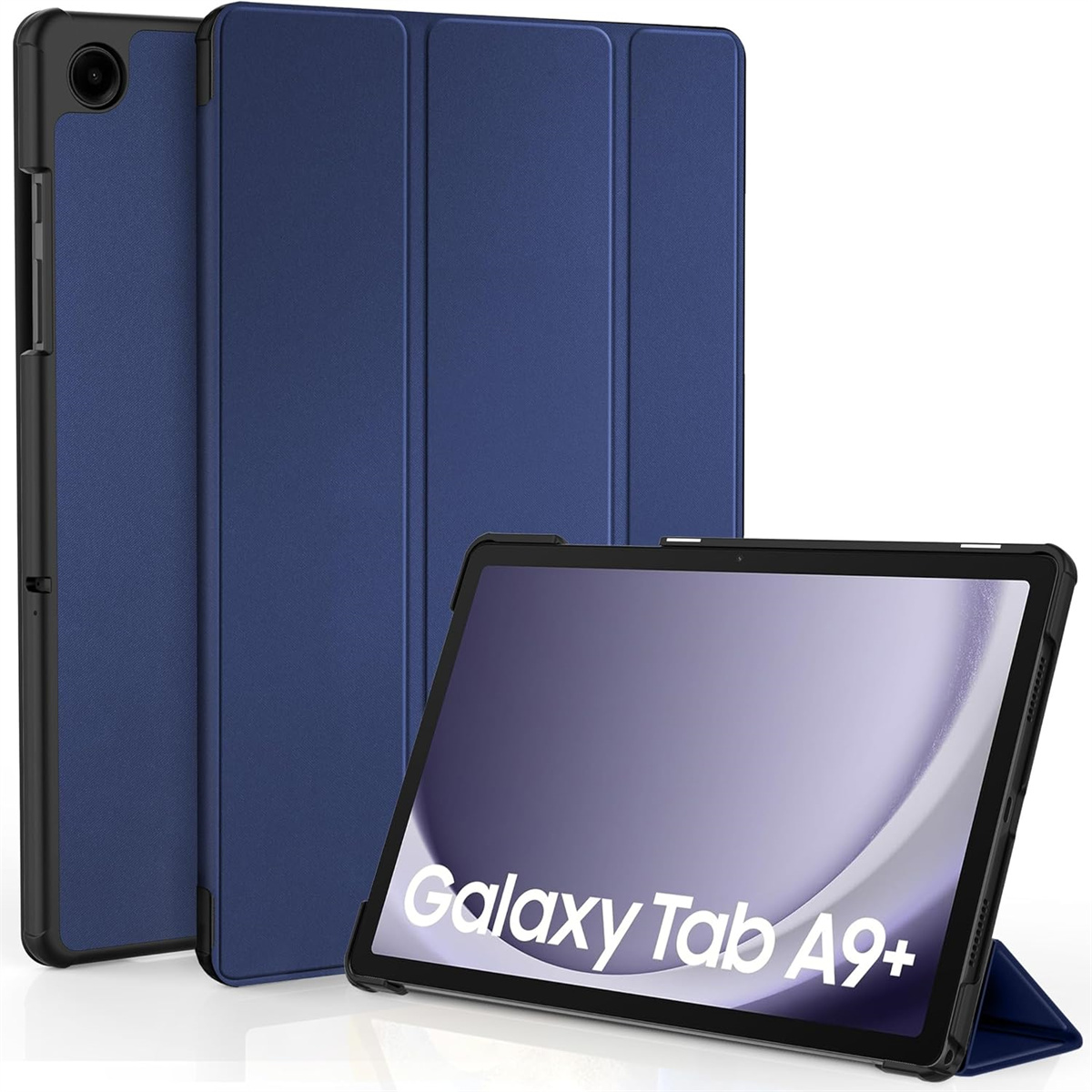 Blaue Tablethülle mit einem Tablet darin. Weißer Hintergrund.