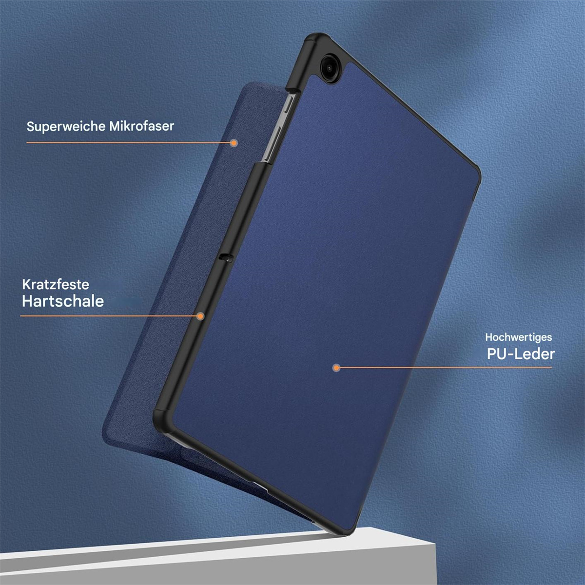 Blaue Tablethülle, geöffnet. Die Worte 'Superweiche Mikrofaser' sind sichtbar.