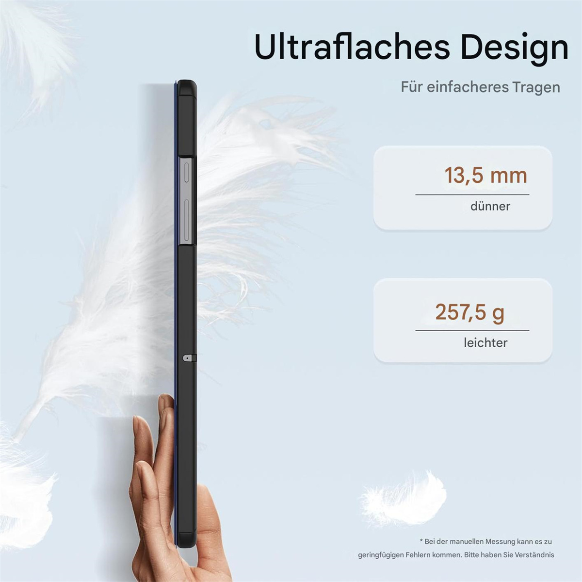 Tablethülle, Seitenansicht. Text sagt 'Ultraflaches Design'. Weißer Hintergrund.