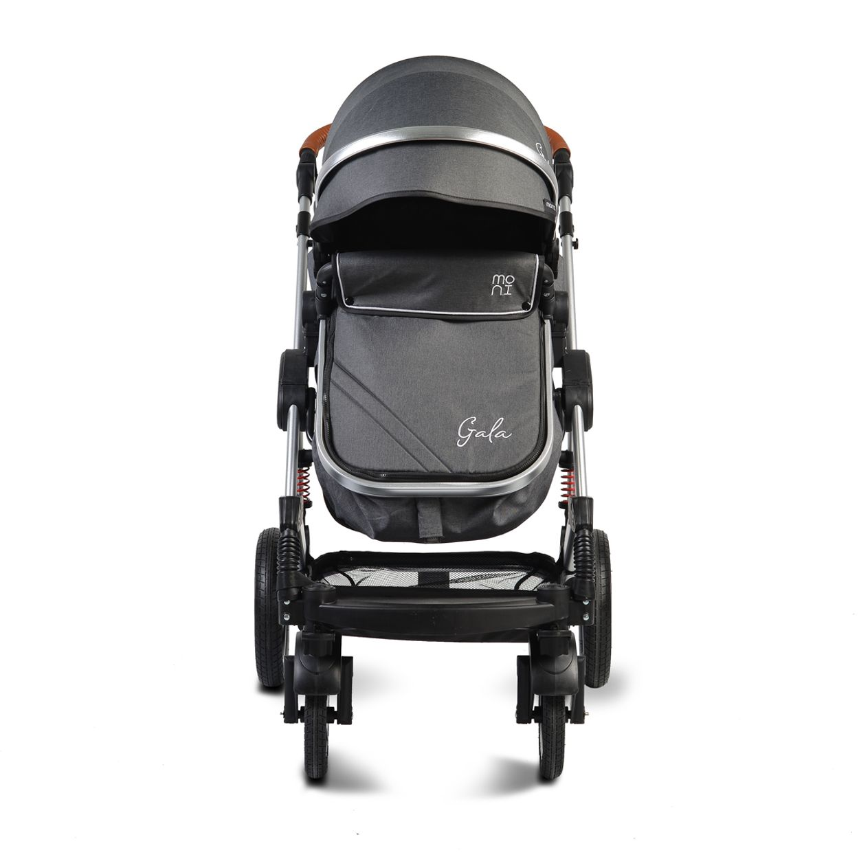 Grauer Kinderwagen, Frontansicht. Verfügt über einen grauen Sitz, schwarze Räder und einen silbernen Rahmen.