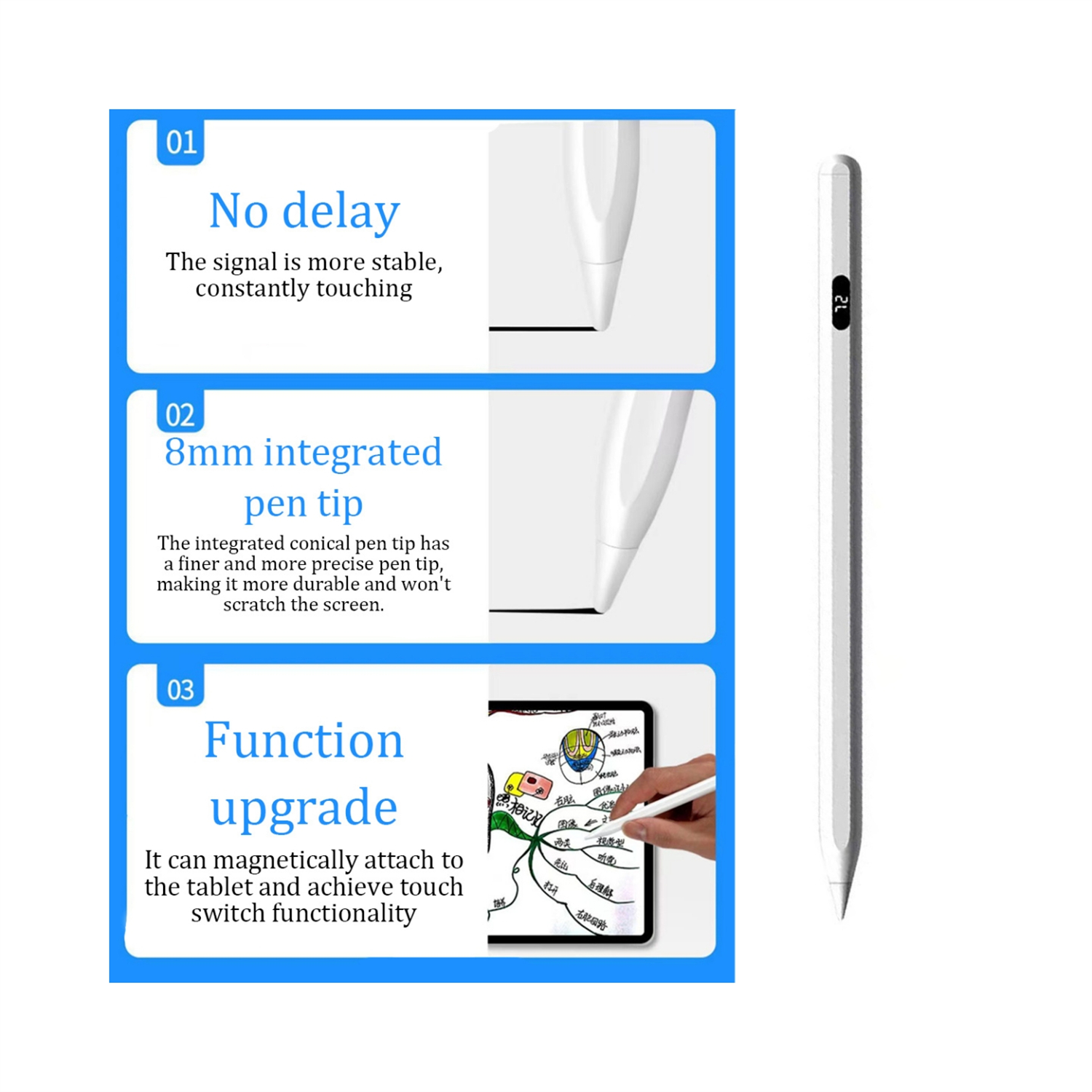 Weißer Stift mit Infografiken. Es hat ein Display. Isoliert auf weißem Hintergrund.