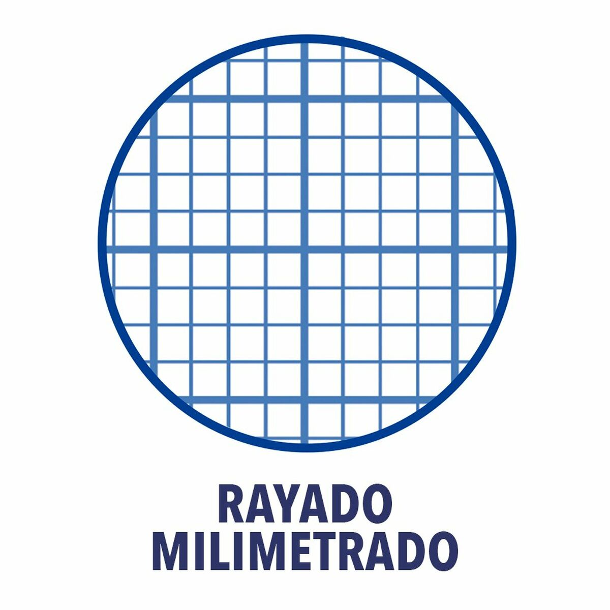 Ein blauer Kreis mit Gitterlinien. Text: 'RAYADO MILIMETRADO'.