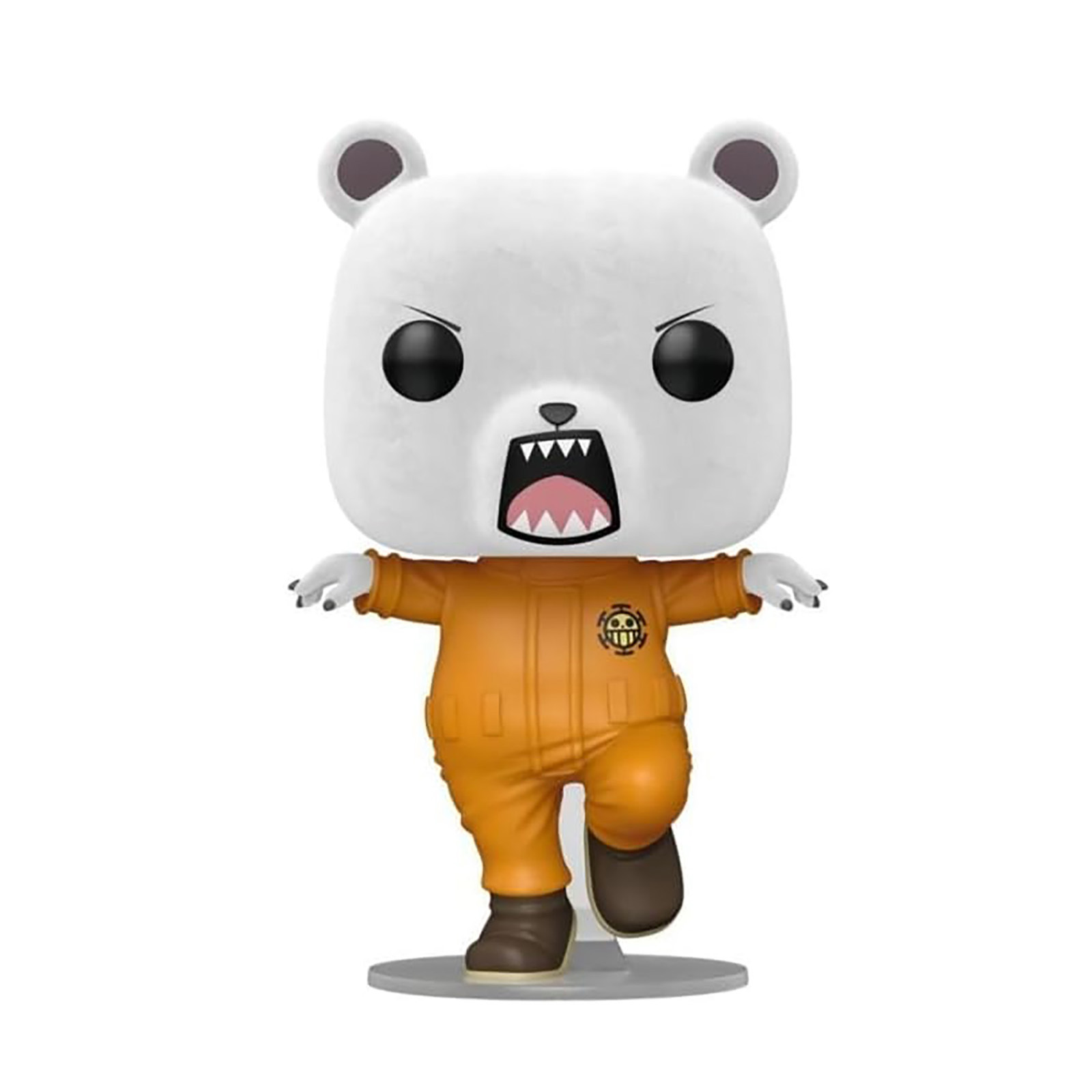Eine Funko Pop-Figur eines Bären in einem orangefarbenen Overall. Es steht auf einem Sockel.