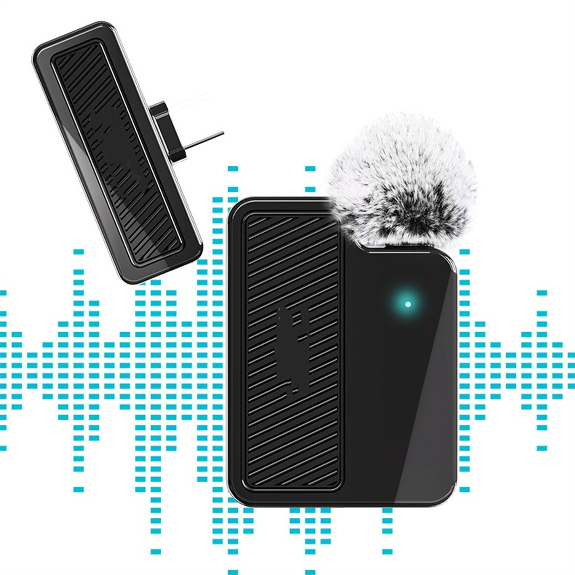 Ein drahtloses Mikrofon mit einem flauschigen Windschutz und einem Sender. Der Hintergrund ist eine Audiowelle.