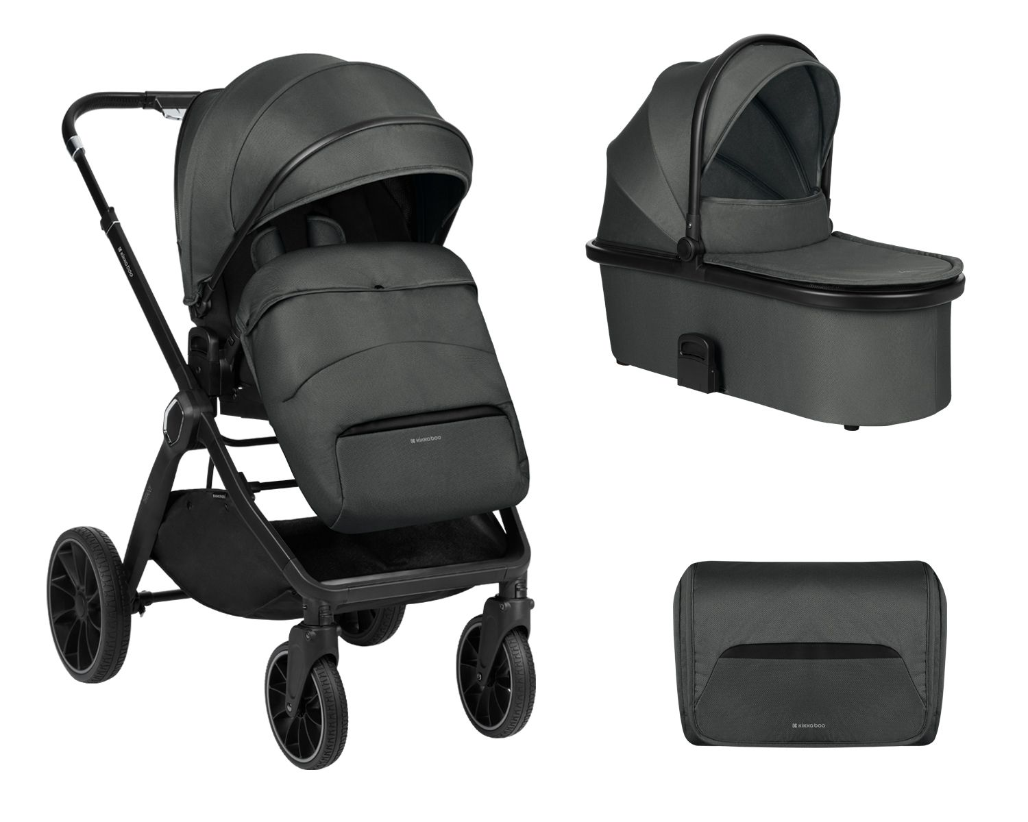 Ein dunkelgrauer Kinderwagen mit Babywanne und separater Babytrage, alles auf weißem Hintergrund.