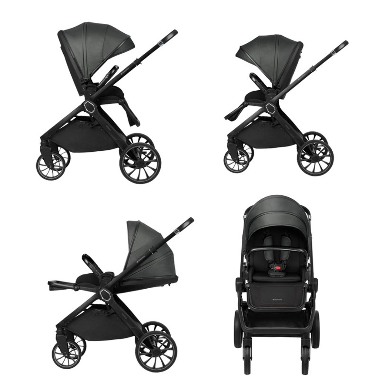 Vier Ansichten eines schwarzen Kinderwagens auf weißem Hintergrund, die verschiedene Winkel und Funktionen zeigen.