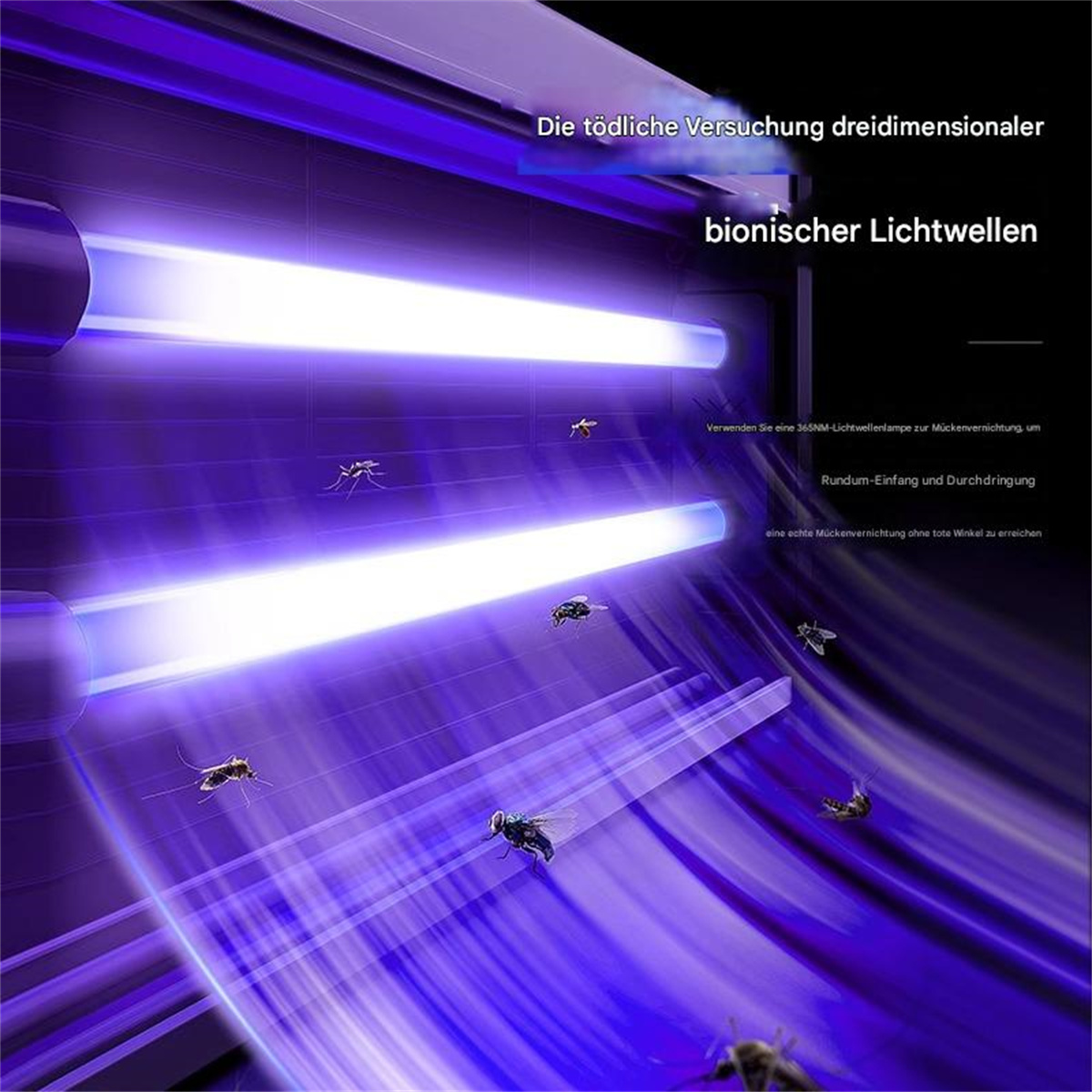 Ein Mückenvernichter mit UV-Licht und fliegenden Insekten.