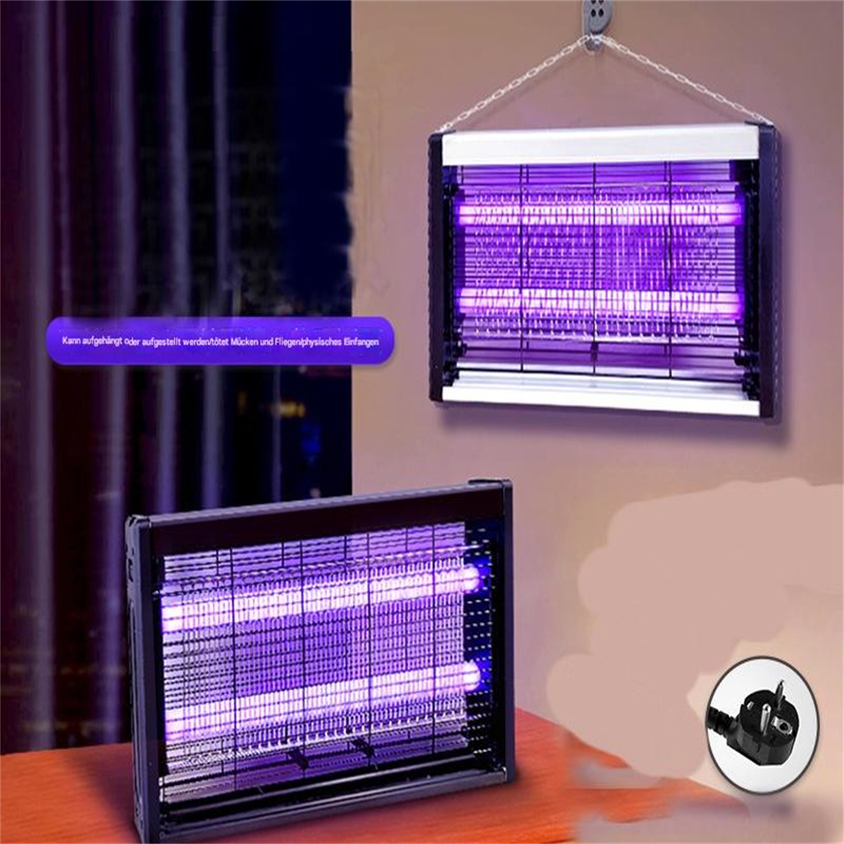 Zwei Insektenvernichter hängen an einer Wand, mit violetten Lichtern und einem Stecker.