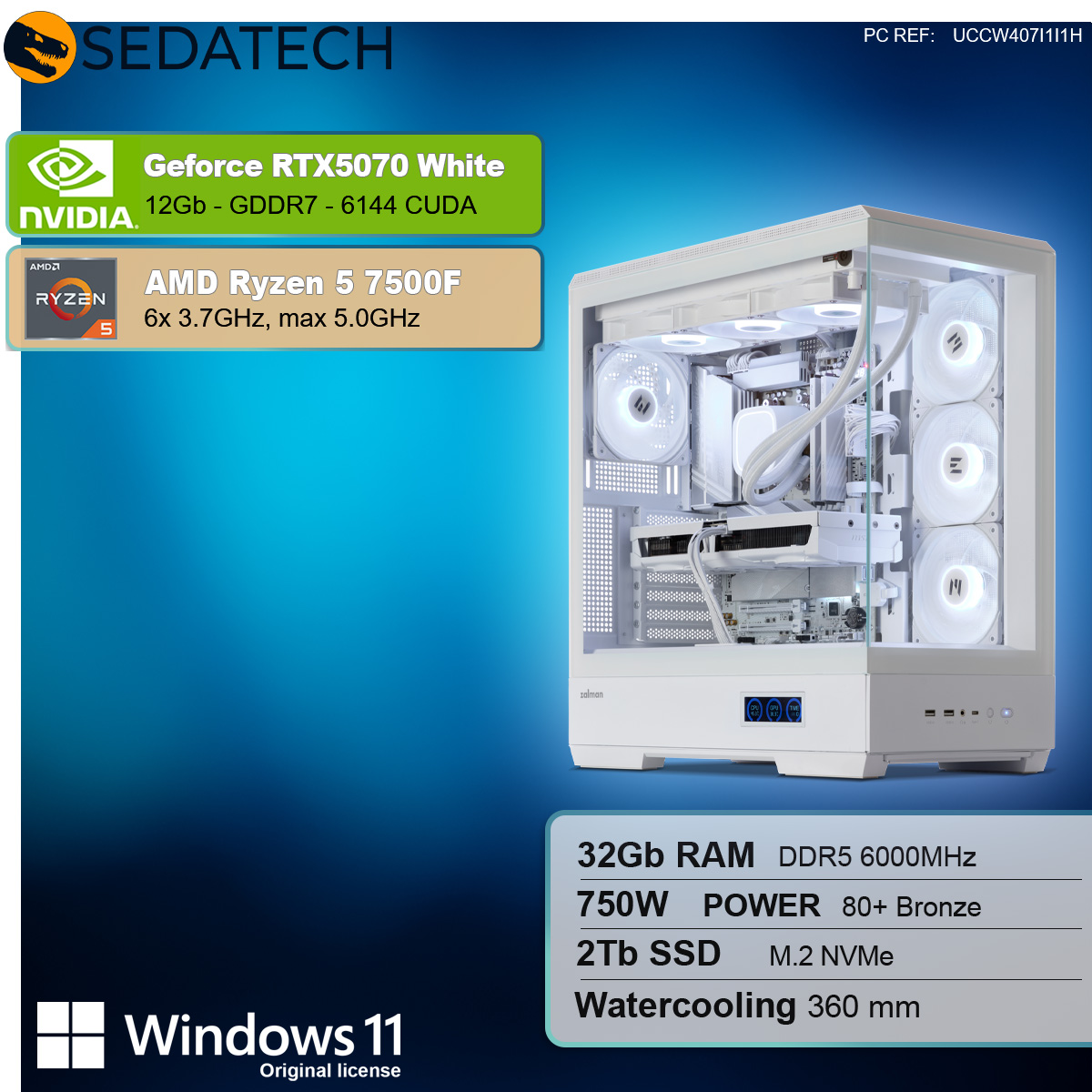 Boîtier d'ordinateur blanc avec composants. Superposition de texte avec spécifications. Logo Windows 11.