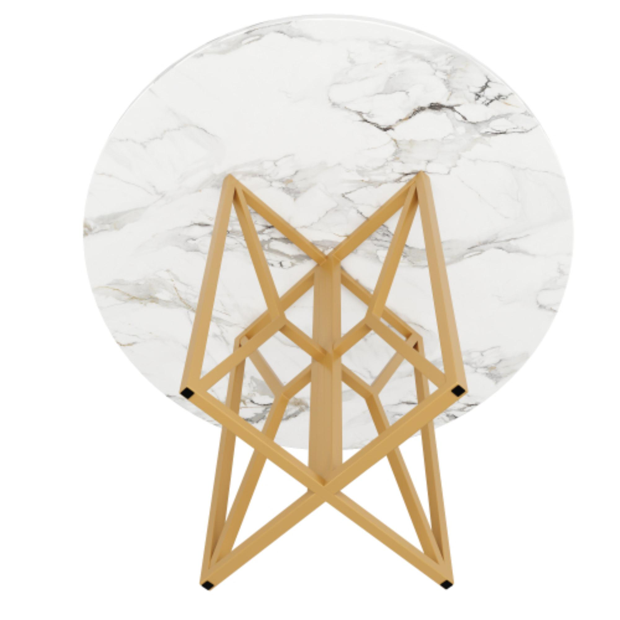 Unteransicht eines runden weißen Marmortisches mit goldenem geometrischen Fuß.