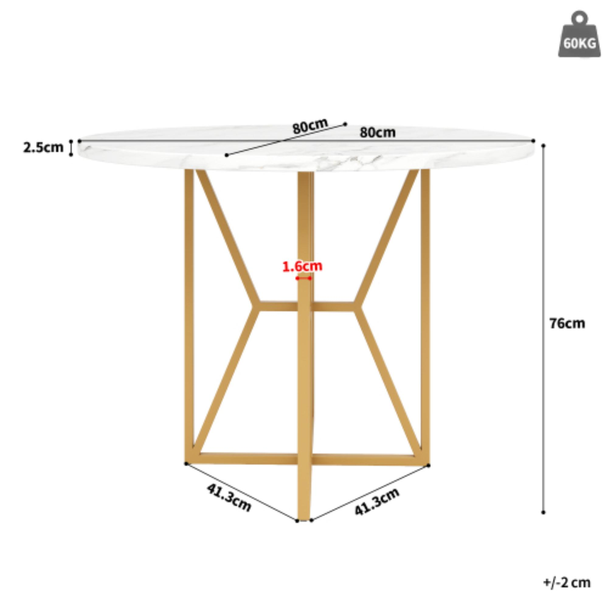 Diagramm eines runden weißen Marmortisches mit Abmessungen von 80 cm, 2,5 cm und 76 cm.