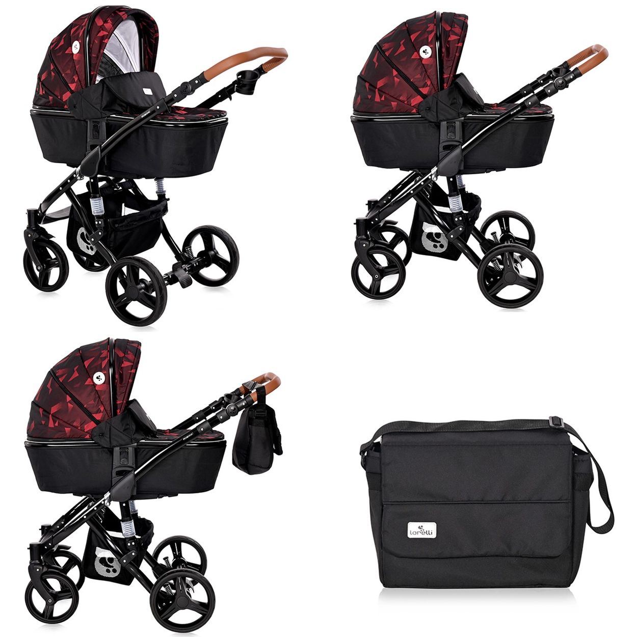 Rot gemusterter Baby-Kinderwagen mit schwarzem Rahmen und Tasche. Enthält mehrere Ansichten vor weißem Hintergrund.
