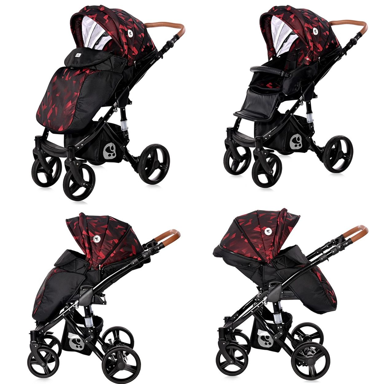 Vier Ansichten eines Kinderwagens mit rotem und schwarzem gemusterten Verdeck und schwarzem Rahmen.