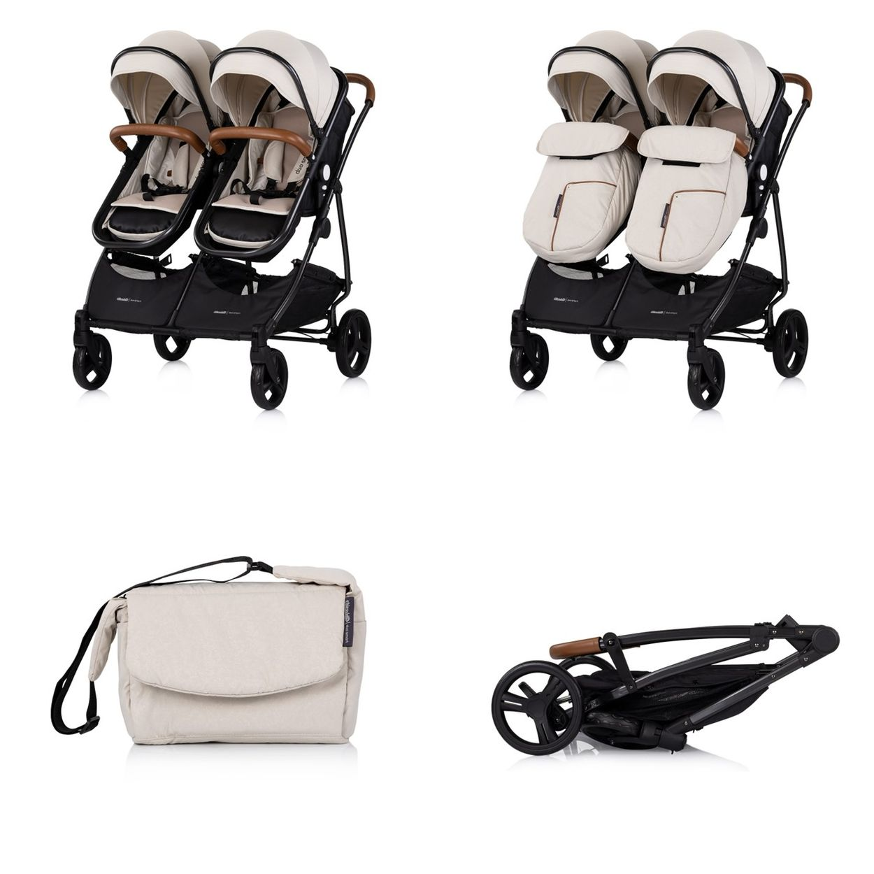 Beiger Doppelkinderwagen mit Zubehör, darunter eine Tasche und ein zusammengeklappter Rahmen, vor weißem Hintergrund.