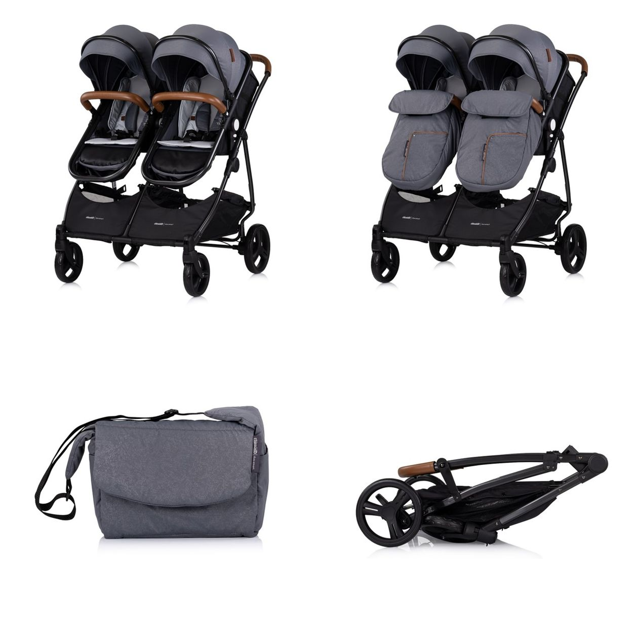 Grauer Doppelkinderwagen mit Zubehör, darunter eine Tasche und ein zusammengeklappter Rahmen, vor weißem Hintergrund.