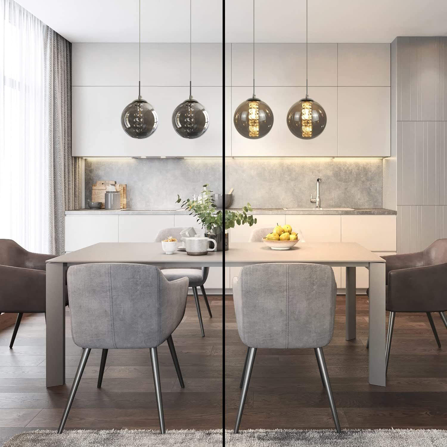 Interni cucina con tavolo, sedie e lampade a sospensione. Metà illuminato e metà scuro. Tonalità bianche e grigie.