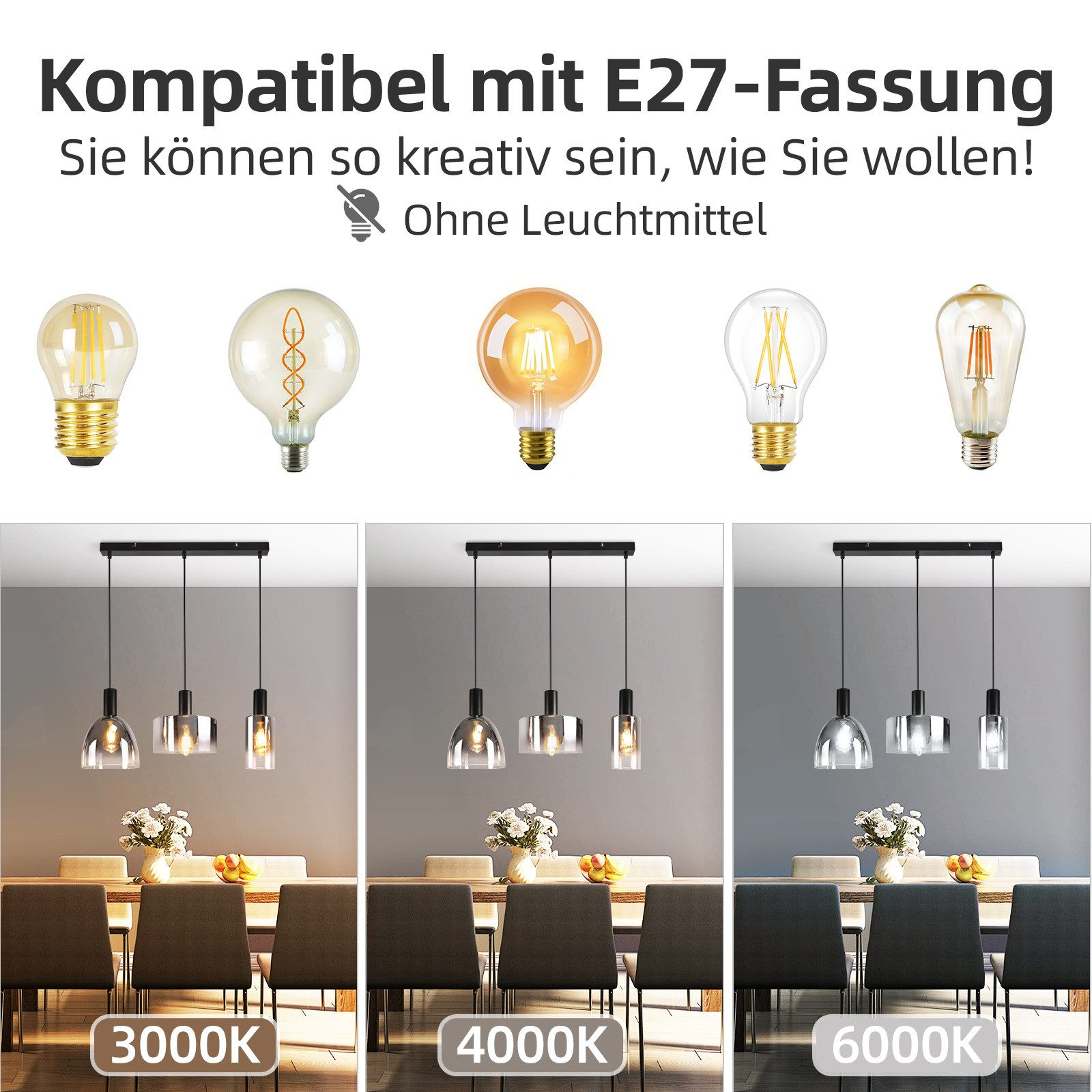 Immagine che mostra diversi stili di lampadine e tre set di luci a sospensione, ciascuno con diverse temperature di colore.