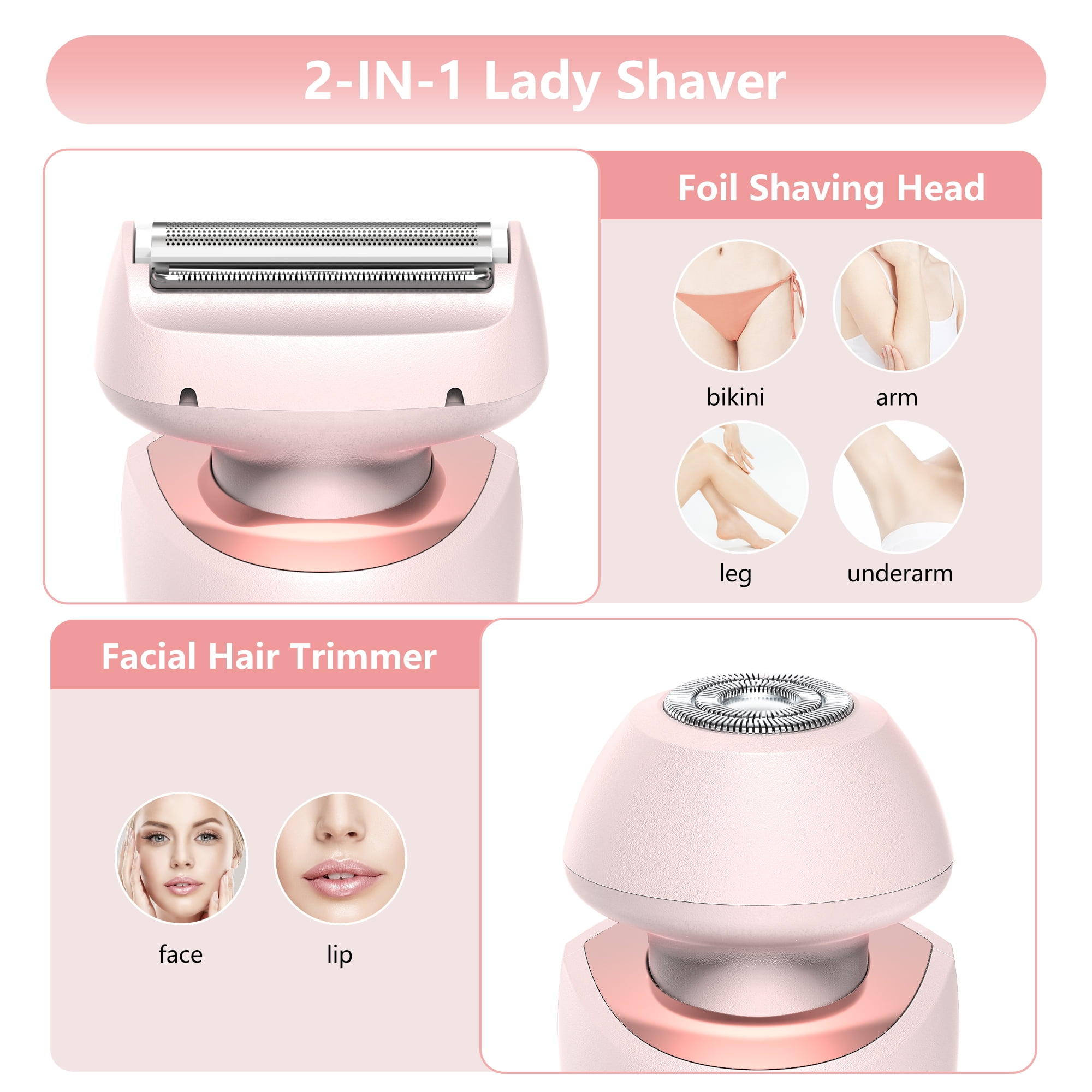 Ein rosa Damenbartscherer mit Folienrasierkopf und Gesichtshaartrimmer.