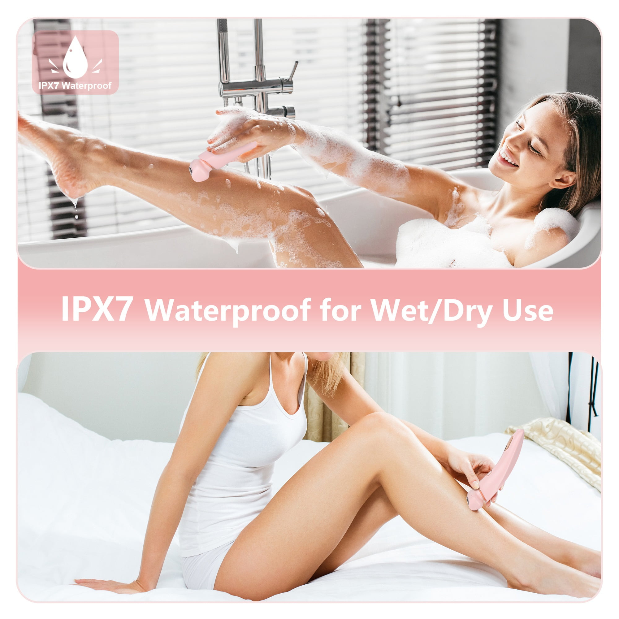 Zwei Bilder einer Frau, die einen pinkfarbenen Rasierer in der Badewanne und auf einem Bett benutzt. Text: IPX7 Wasserdicht.