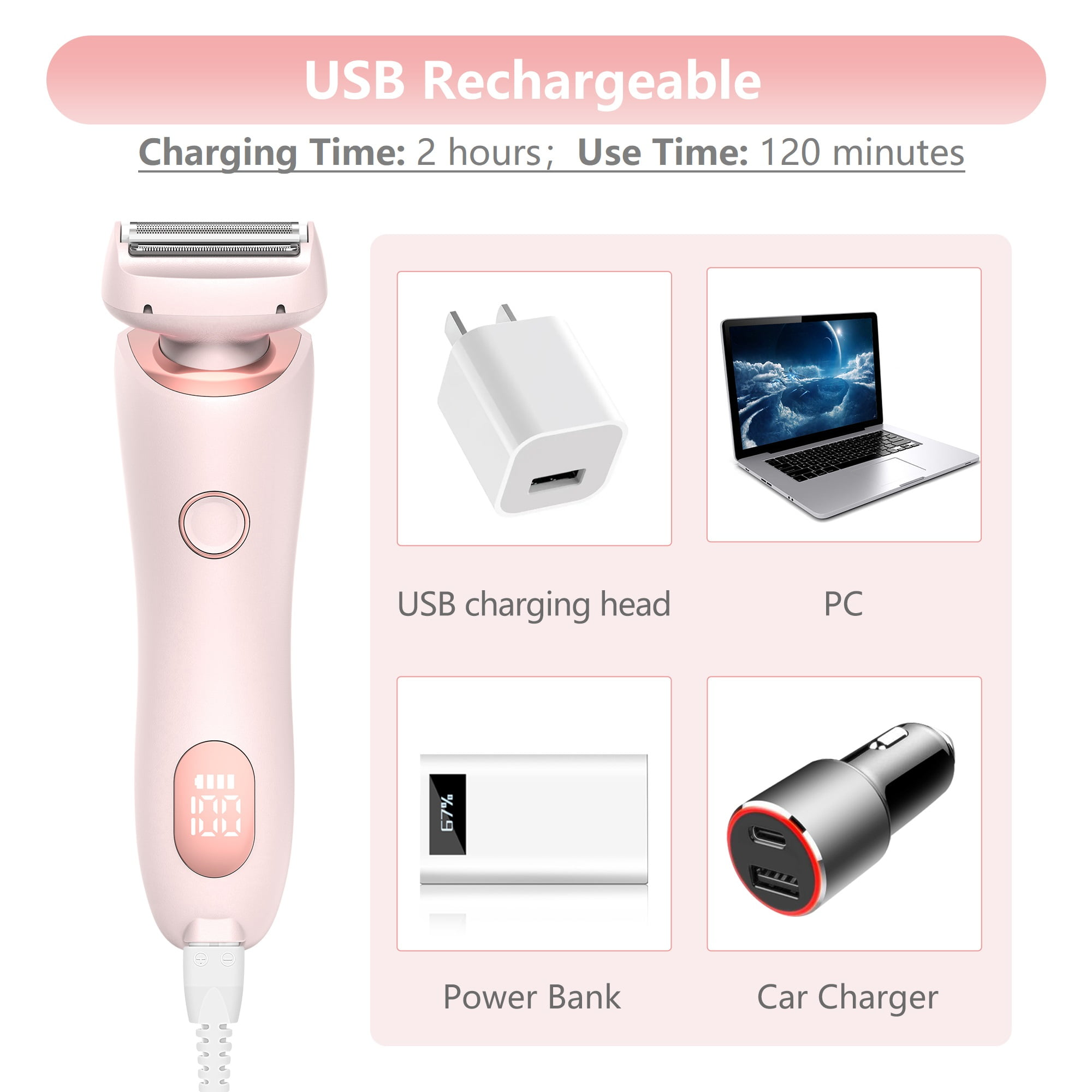 Ein rosa Elektrorasierer mit Ladezubehör: USB-Kopf, Powerbank, Autoladegerät und Laptop.