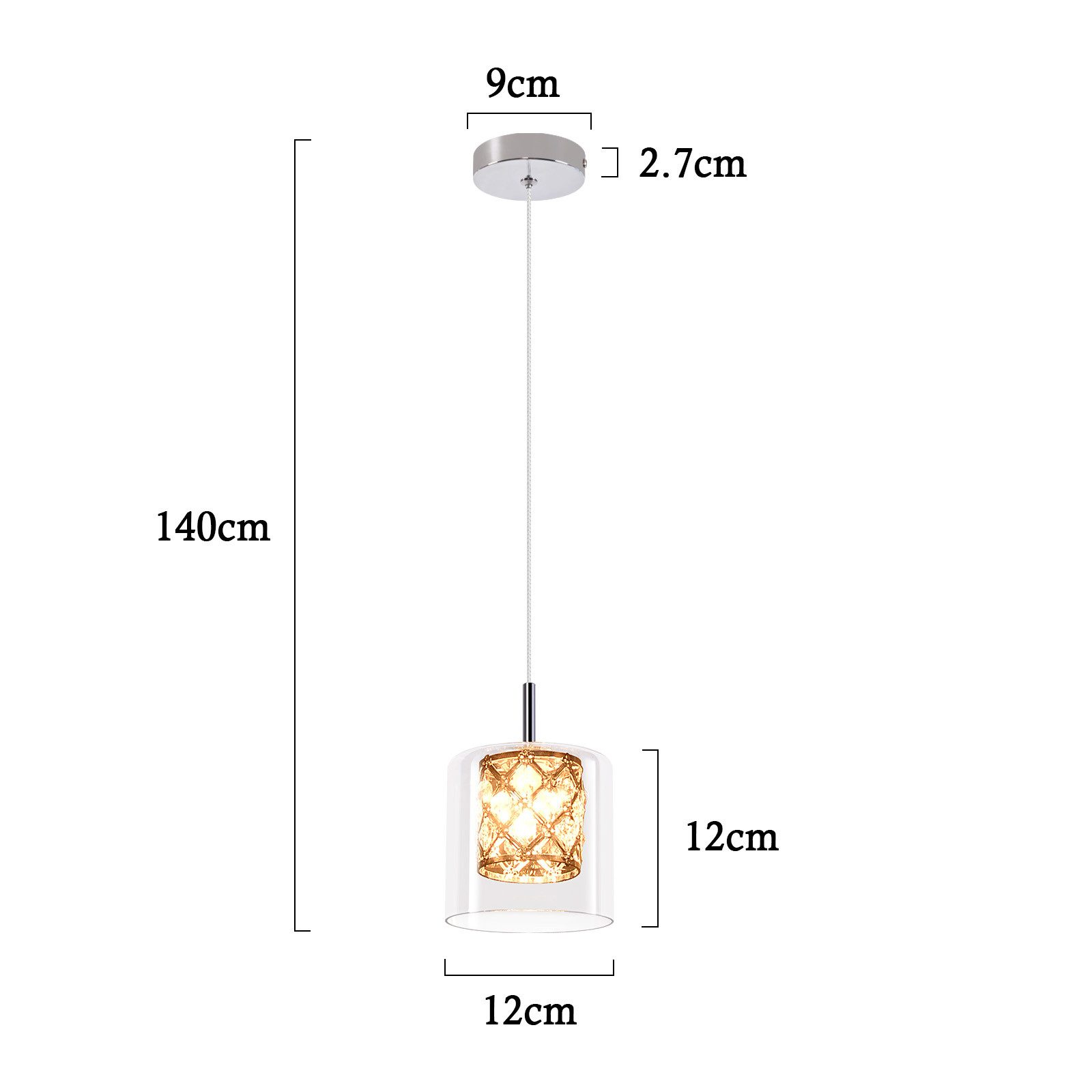 Una lampada a sospensione con un paralume in vetro trasparente con un interno decorativo. Le dimensioni sono fornite.