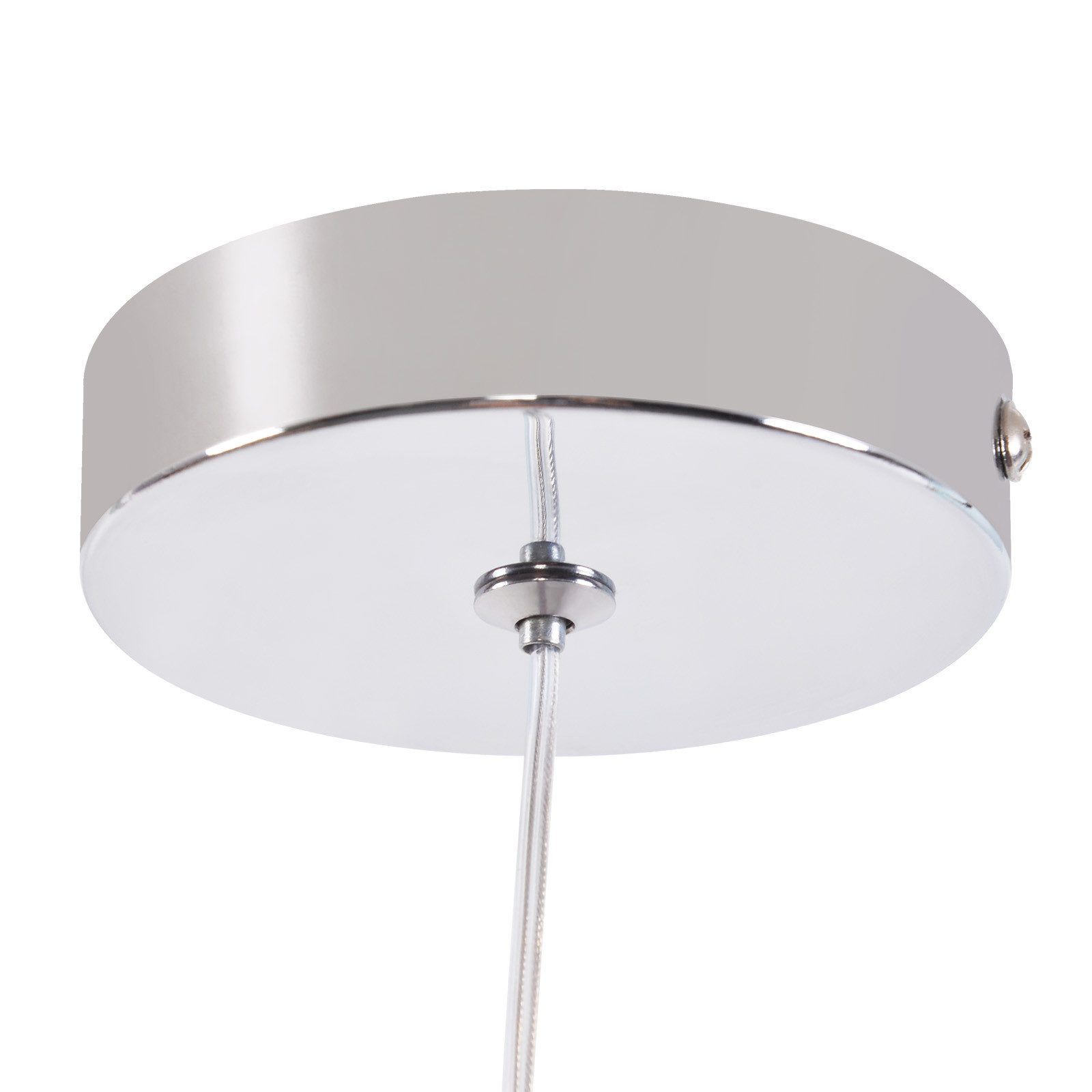 Un primo piano di un'apparecchio di illuminazione a soffitto con una base argentata e un filo trasparente.