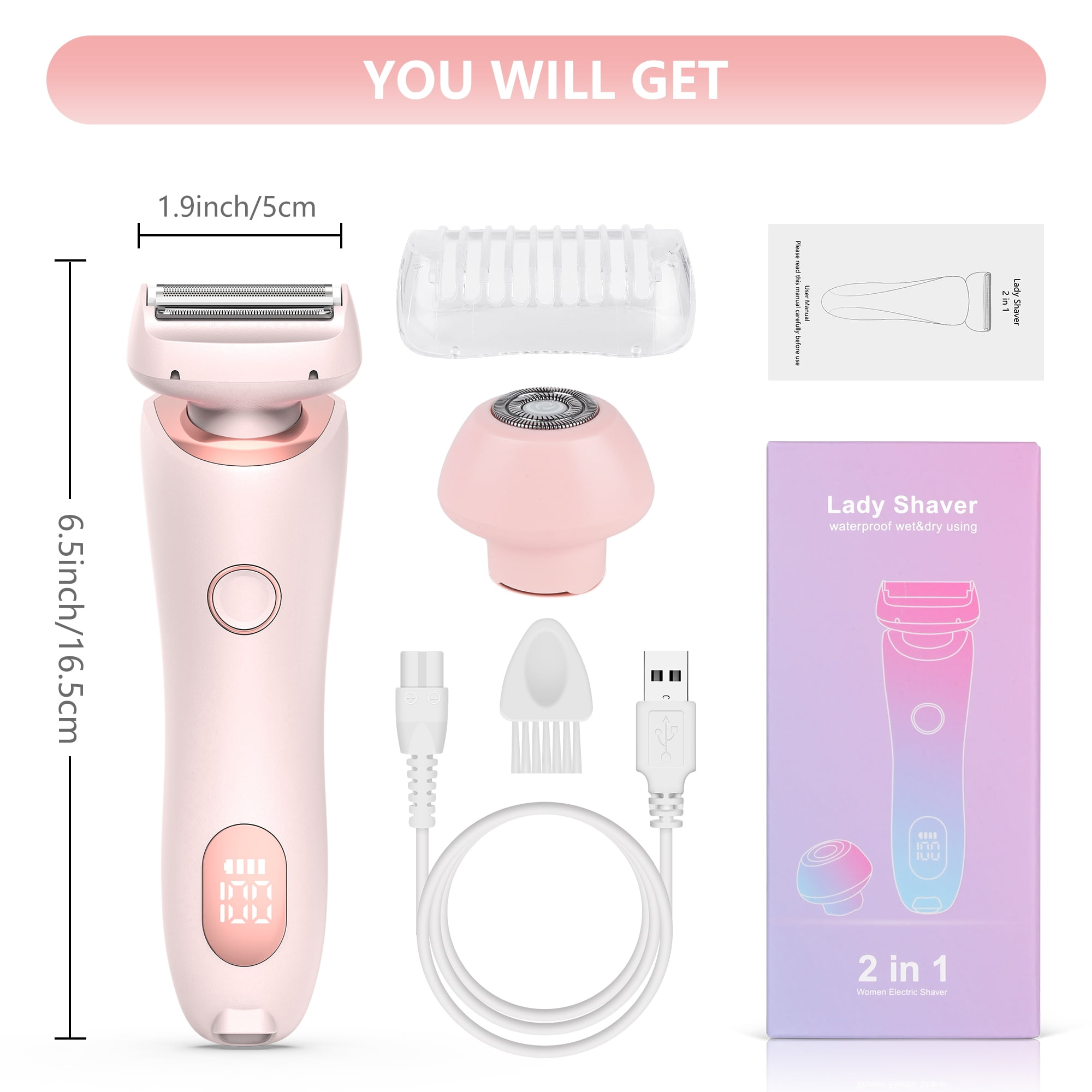 Ein pinkfarbener Damenshaver mit Zubehör und eine Box, die die Eigenschaften und Abmessungen des Produkts zeigt.
