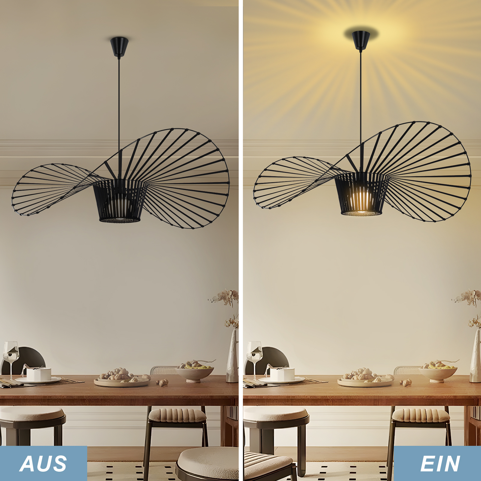 Due immagini di un lampadario nero, uno spento e uno acceso, che illumina una tavola da pranzo.