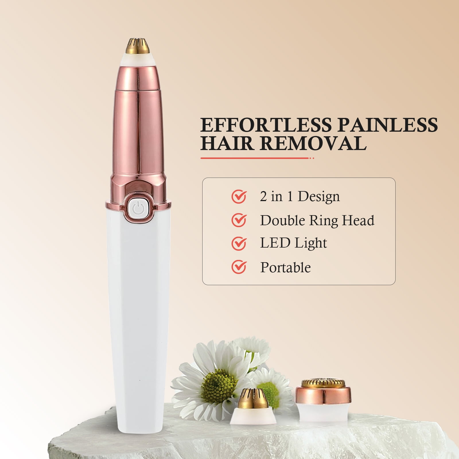 Ein Augenbrauentrimmer mit roségoldfarbenem Akzent und weißem Griff, mit weißer Blume und Kopf.