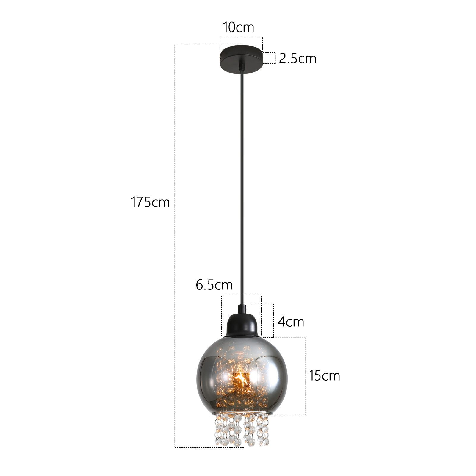 Lampada a sospensione con dimensioni. Ha un globo di vetro con dettagli.