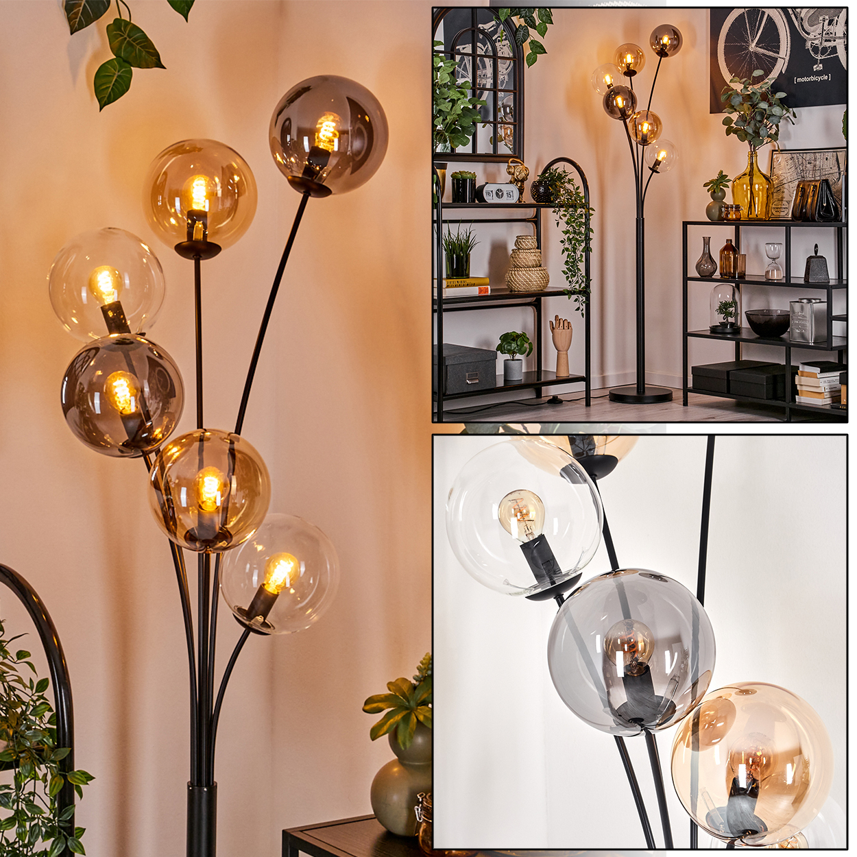 Eine Stehlampe mit mehreren Kugelleuchten. Die Leuchten haben klares und bernsteinfarbenes Glas.