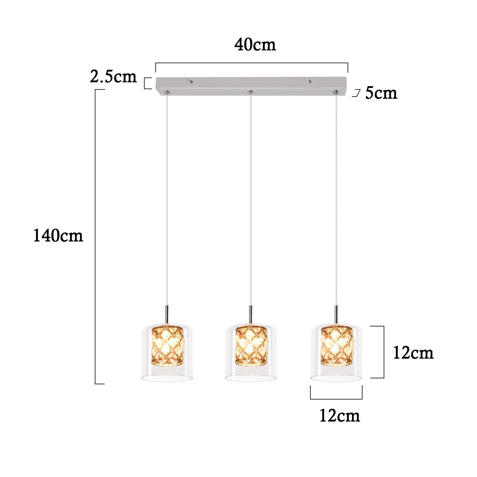 Un diagramma che mostra un apparecchio di illuminazione a sospensione con dimensioni: 40 cm di larghezza, 140 cm di lunghezza e luci a sospensione di 12 cm.
