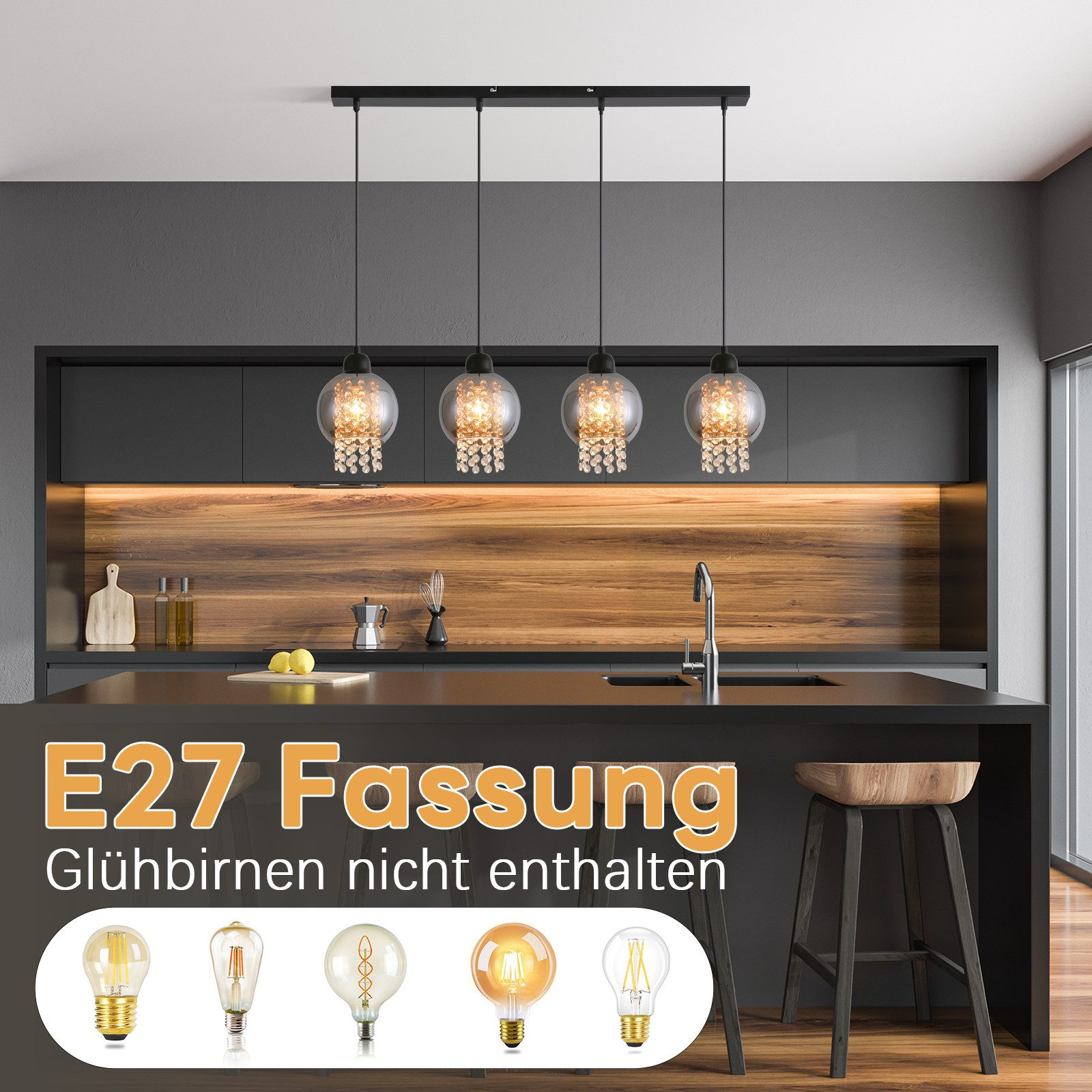 Cucina con lampade a sospensione, che mostra quattro tipi di lampadine sotto il testo "E27 Fassung".