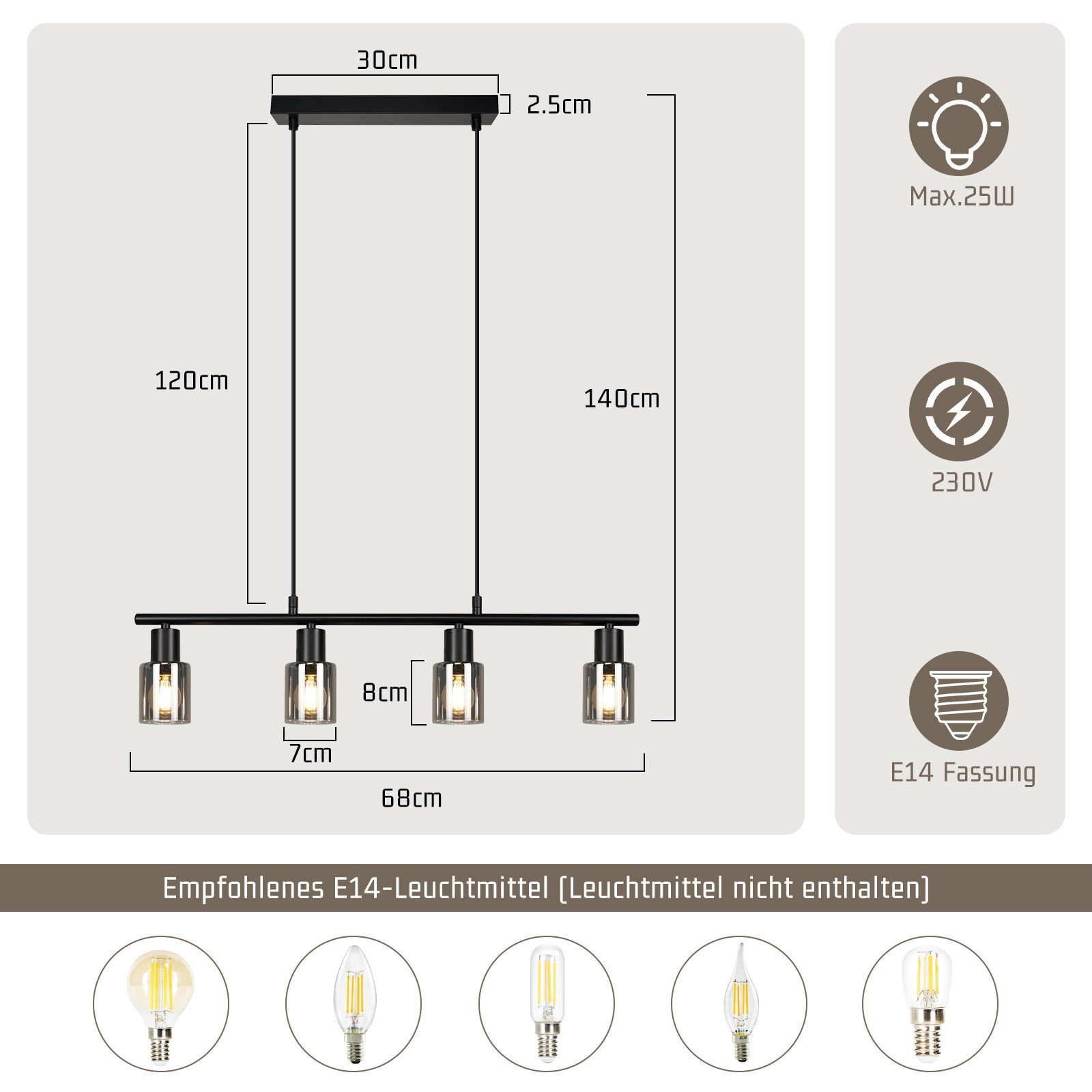 Diagramma che mostra le dimensioni di una lampada a sospensione con quattro paralumi cilindrici e vari tipi di lampadine.