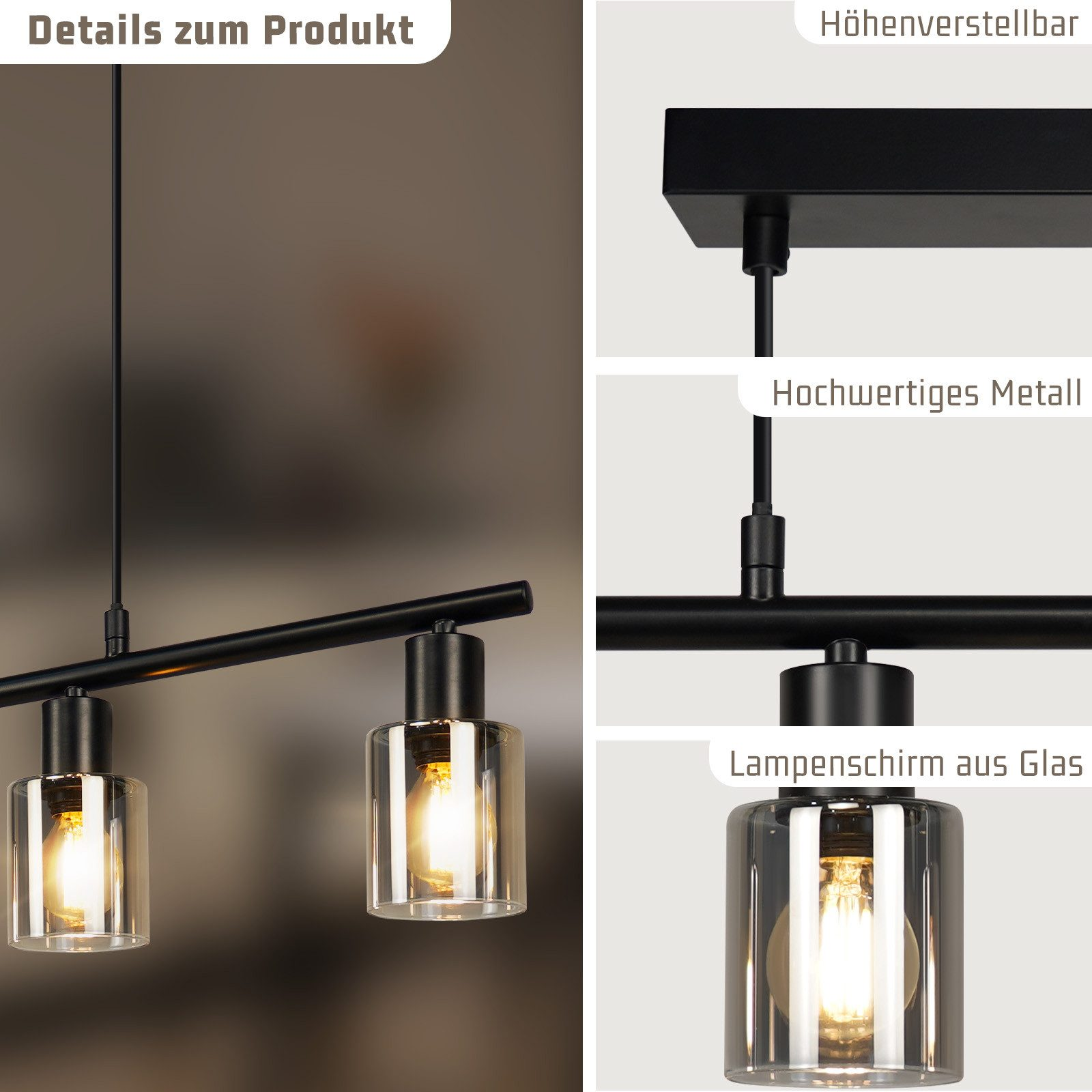 Primo piano che mostra i dettagli di un lampadario nero con paralumi in vetro.