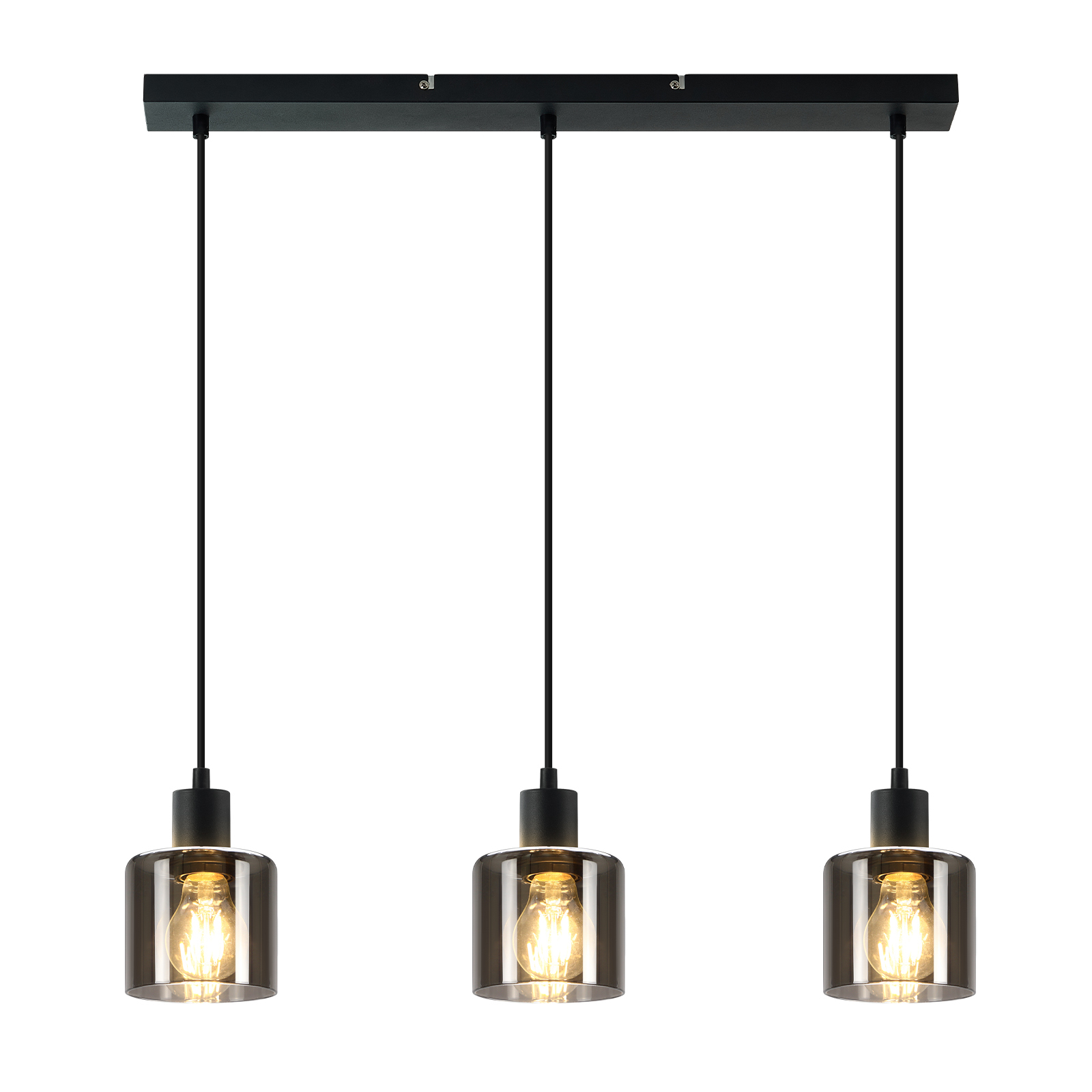Tre lampade a sospensione con paralumi in vetro e lampadine visibili, disposte in fila.