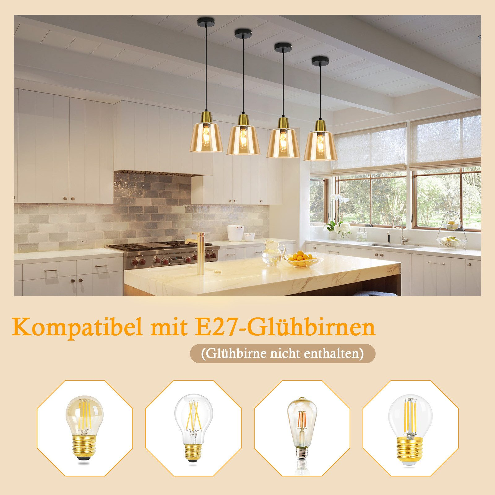 Una cucina con lampade a sospensione ed esempi di diverse lampadine.