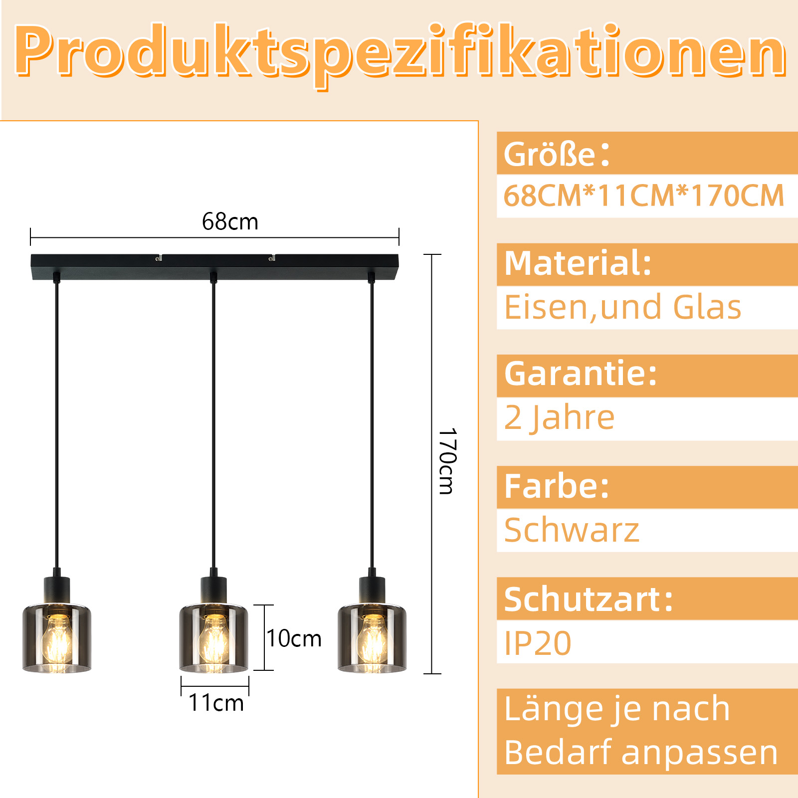 Specifiche del prodotto di una lampada a sospensione nera con dimensioni e dettagli dei materiali.