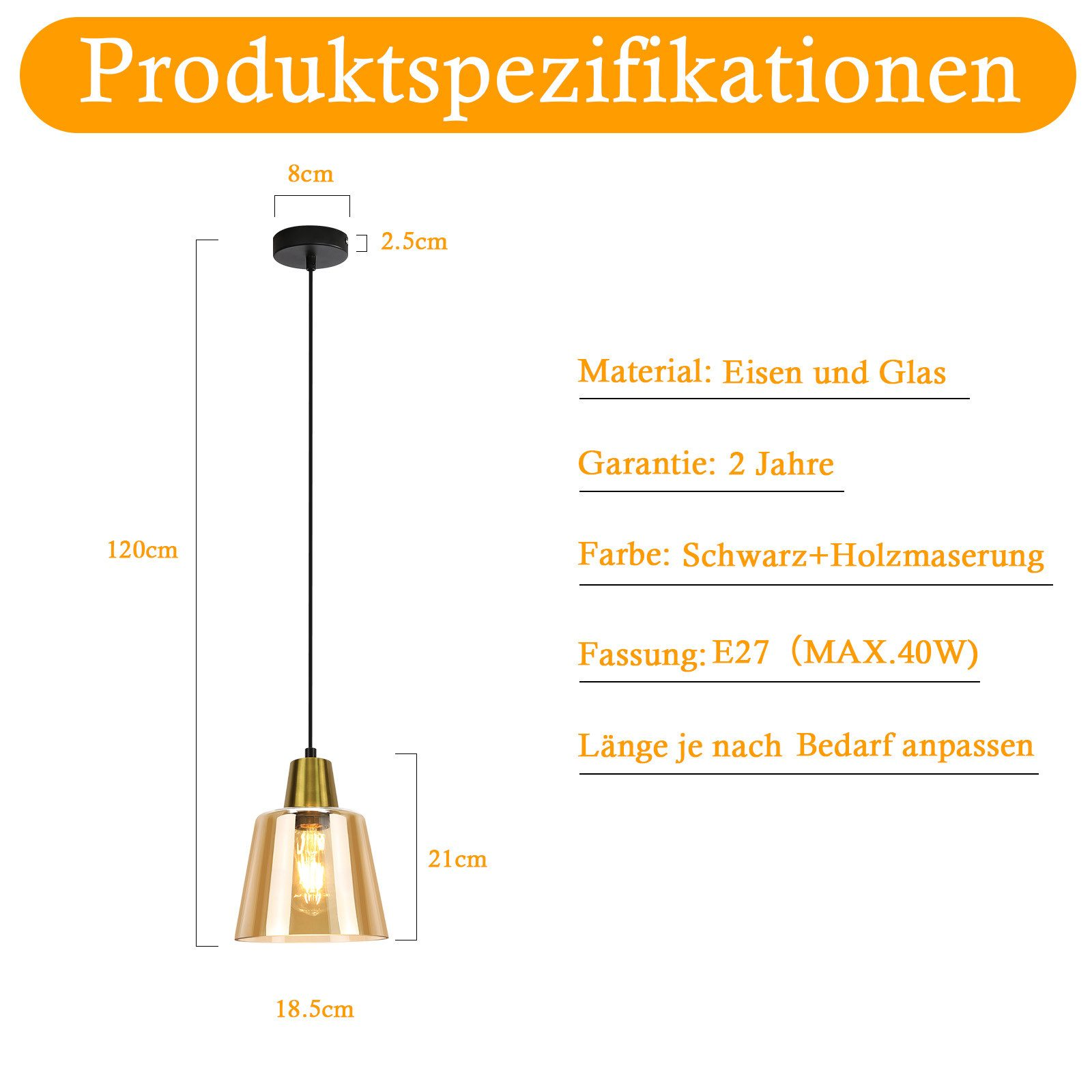 Schema di una lampada a sospensione con dimensioni, materiale, garanzia e specifiche della lampadina.