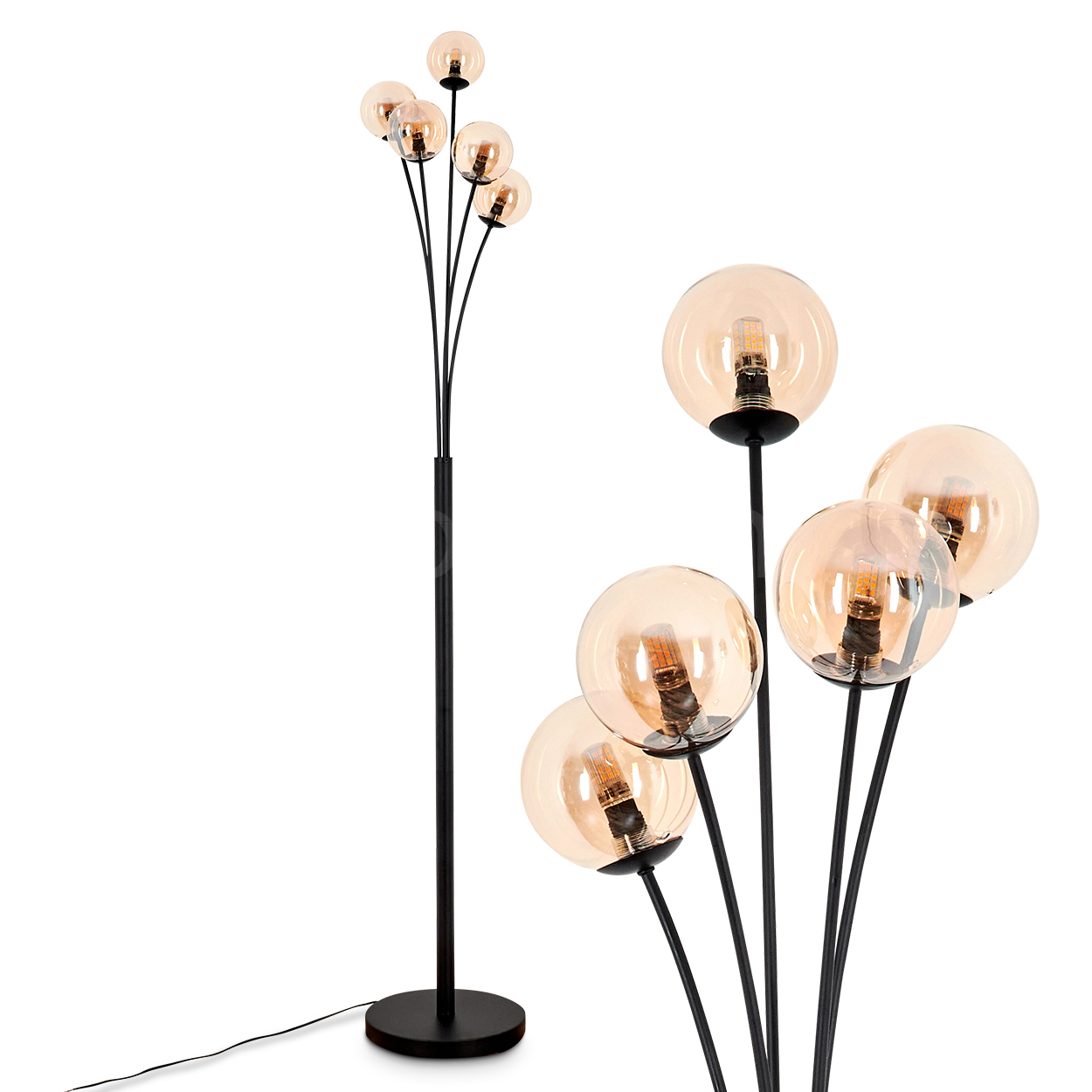 Eine hohe schwarze Stehlampe mit mehreren Armen und Glasschirmen.