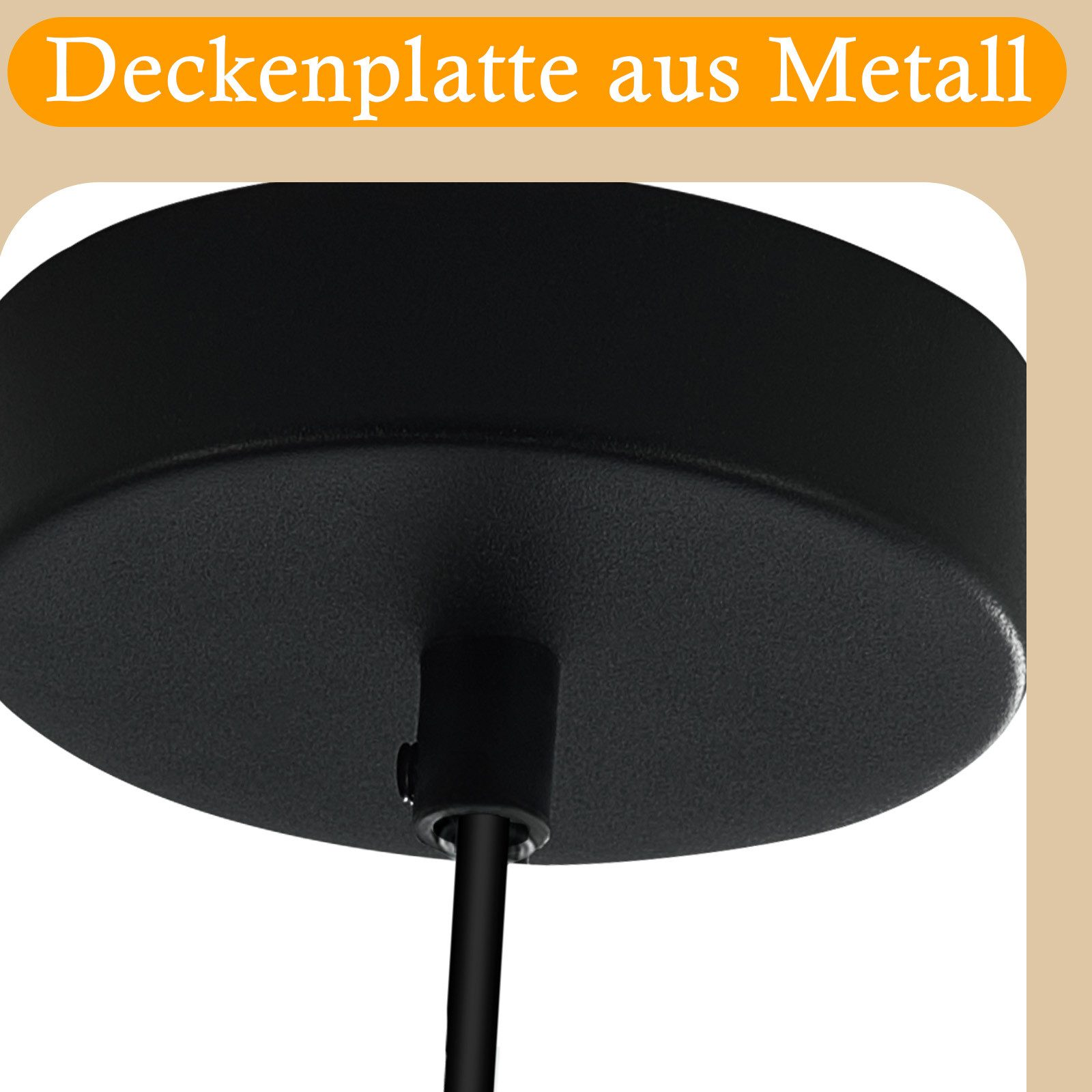 Placca da soffitto in metallo nero con un filo che si estende verso il basso.