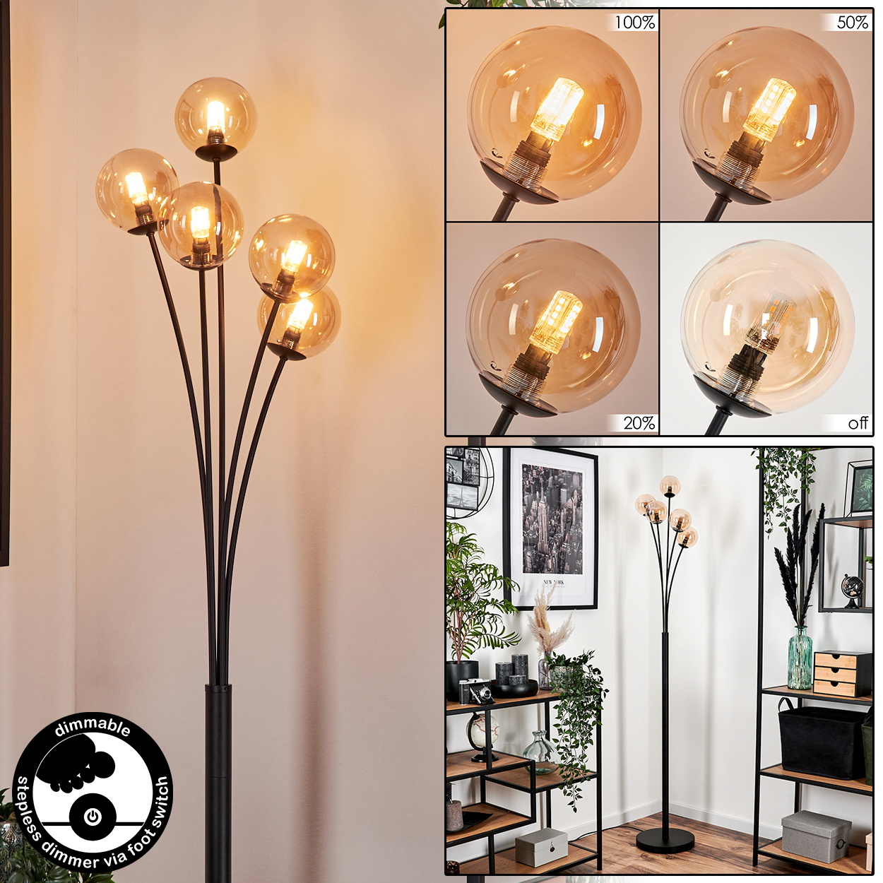 Eine schwarze Stehlampe mit mehreren Glühbirnen und verschiedenen Lichteinstellungen, dimmbar über einen Fußschalter.