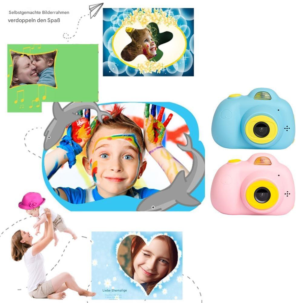 Eine Collage von Bildern mit Kindern und einer Familie mit Kameras, mit bunten Hintergründen.