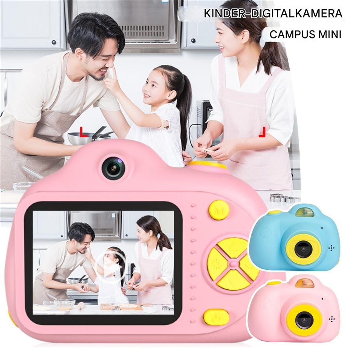 Eine rosa Digitalkamera mit einer Familie, die sie benutzt, zusammen mit Produktaufnahmen von blauen und rosa Kameras.