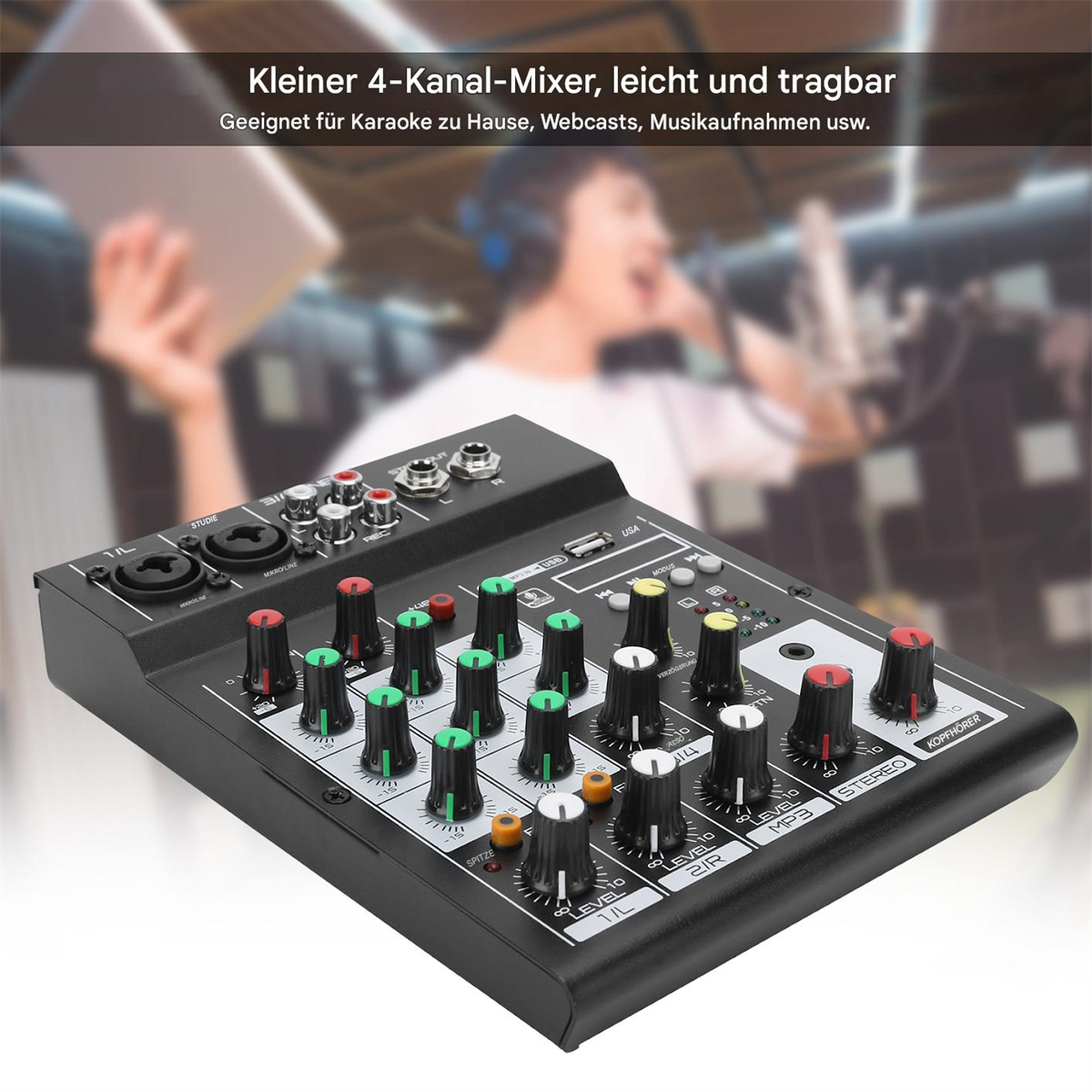 Ein kompakter schwarzer Audiomixer mit Bedienelementen, geeignet für den Heimgebrauch, Webcasts und Musikaufnahmen.