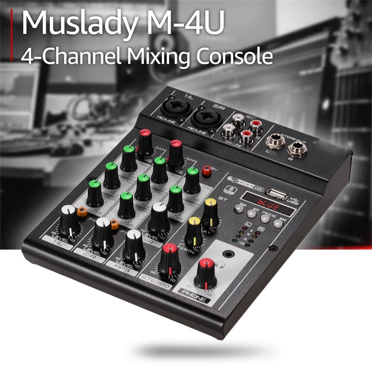 Schwarzes Muslady M-4U 4-Kanal-Mischpult mit Knöpfen und Anschlüssen.