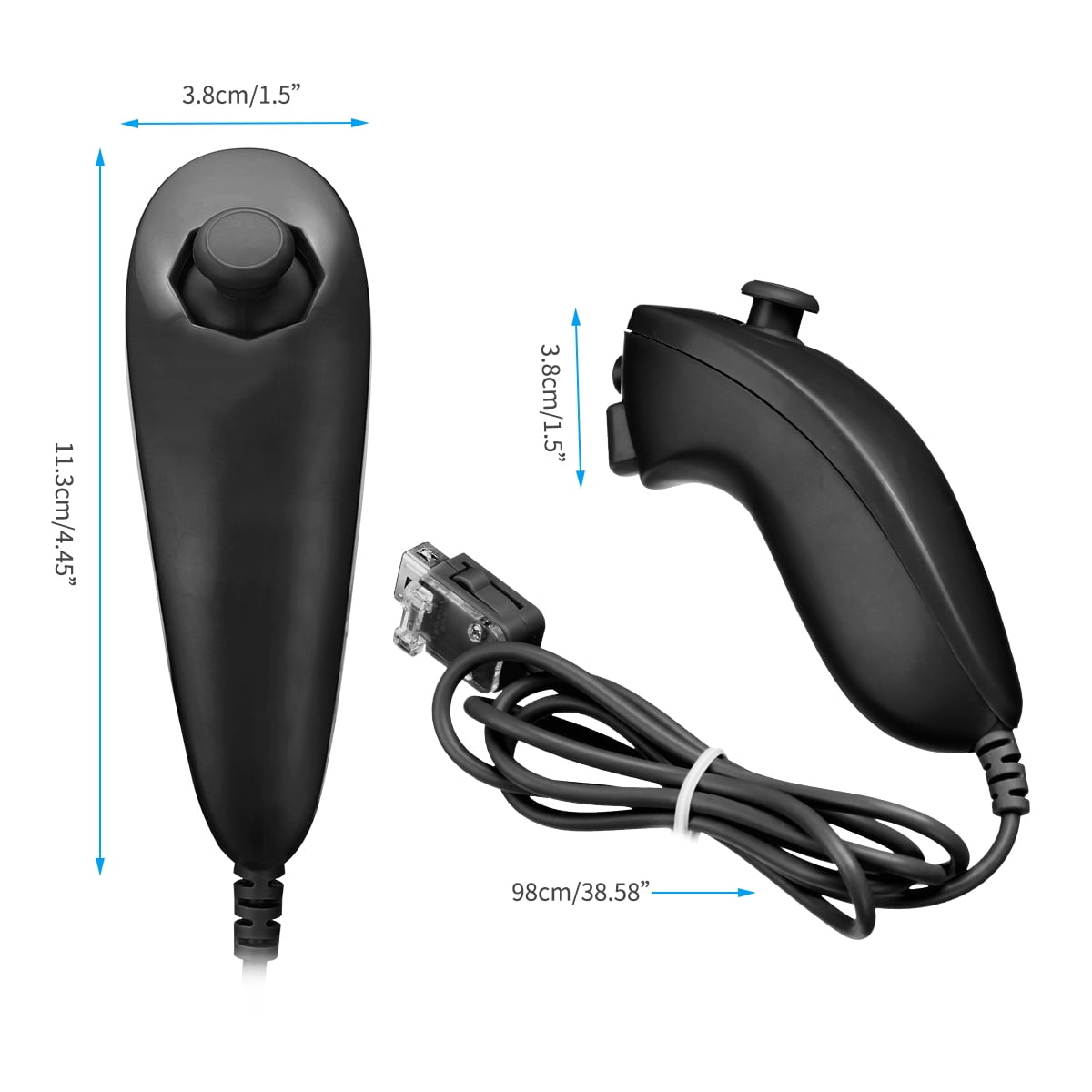 Zwei schwarze Gamecontroller mit Kabel, Maße angegeben. Die Controller sind schwarz.