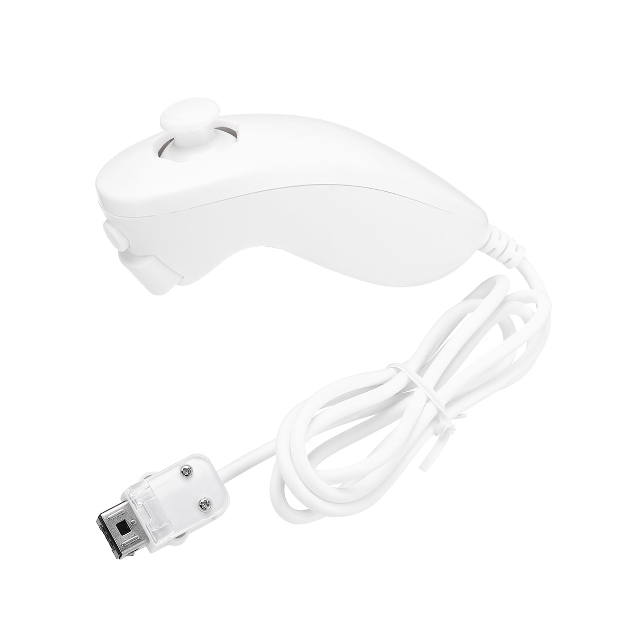 Weiße Wii-Fernbedienung mit Joystick, Tasten und angeschlossenem Kabel.
